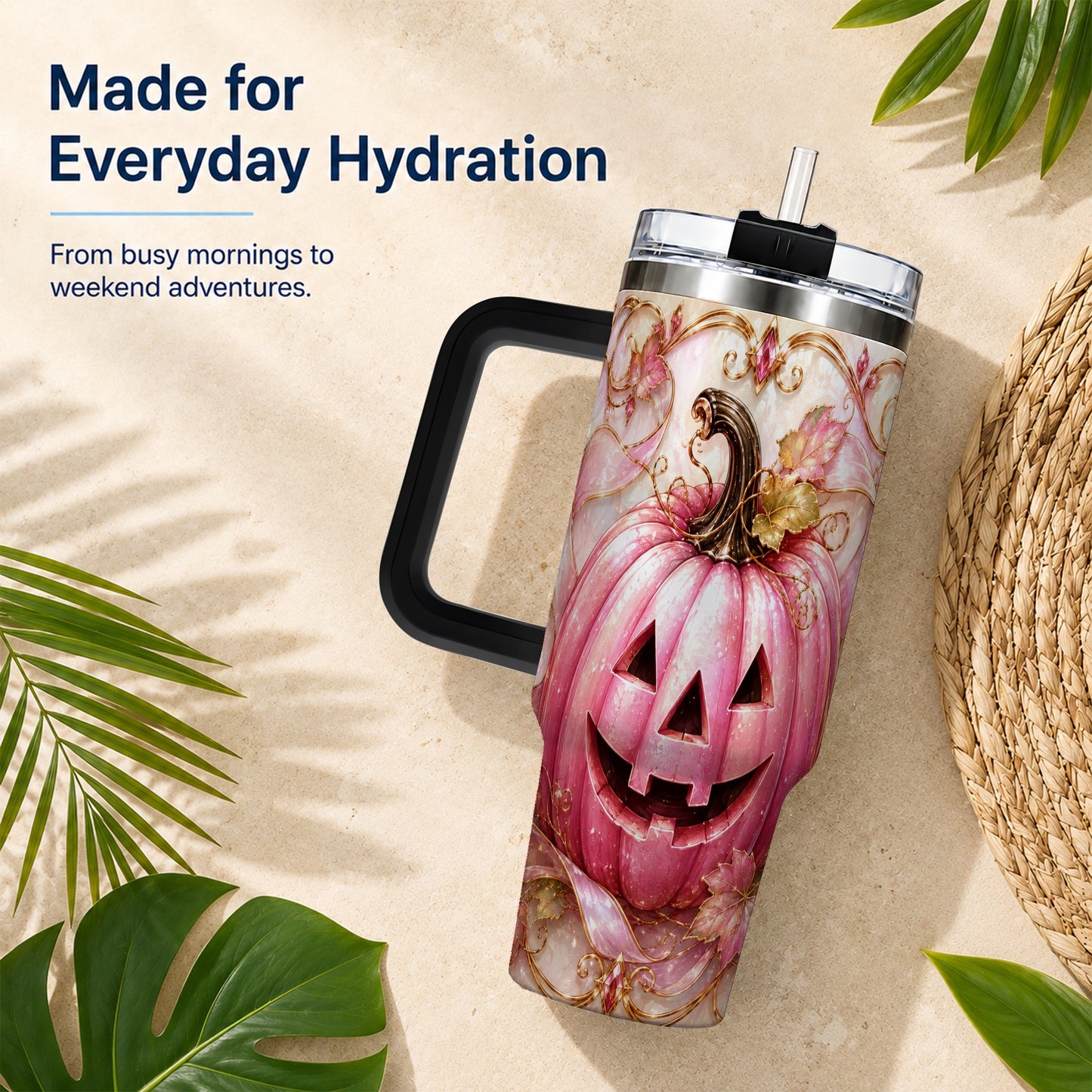 #pl[40oz|Black] Pink Pumpkin 40oz Tumbler with Handle, Halloween Travel Cup