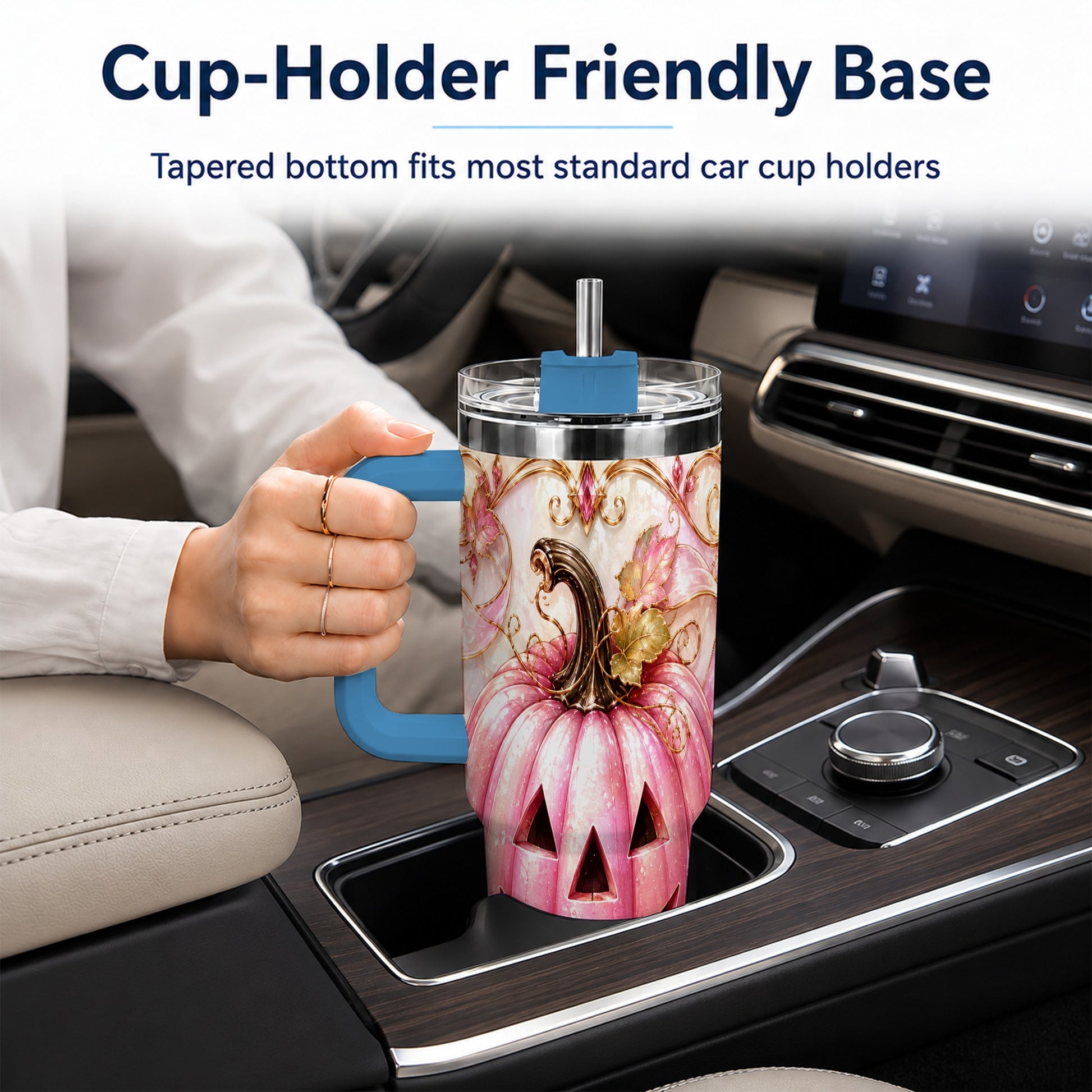#pl[40oz|Blue] Pink Pumpkin 40oz Tumbler with Handle, Halloween Travel Cup