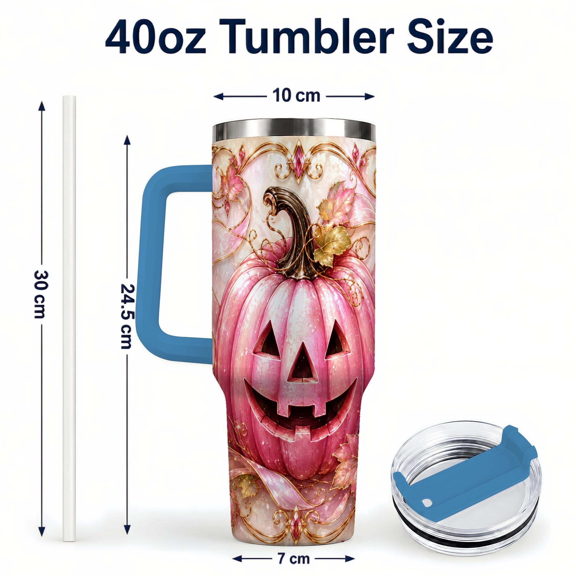 #pl[40oz|Blue] Pink Pumpkin 40oz Tumbler with Handle, Halloween Travel Cup