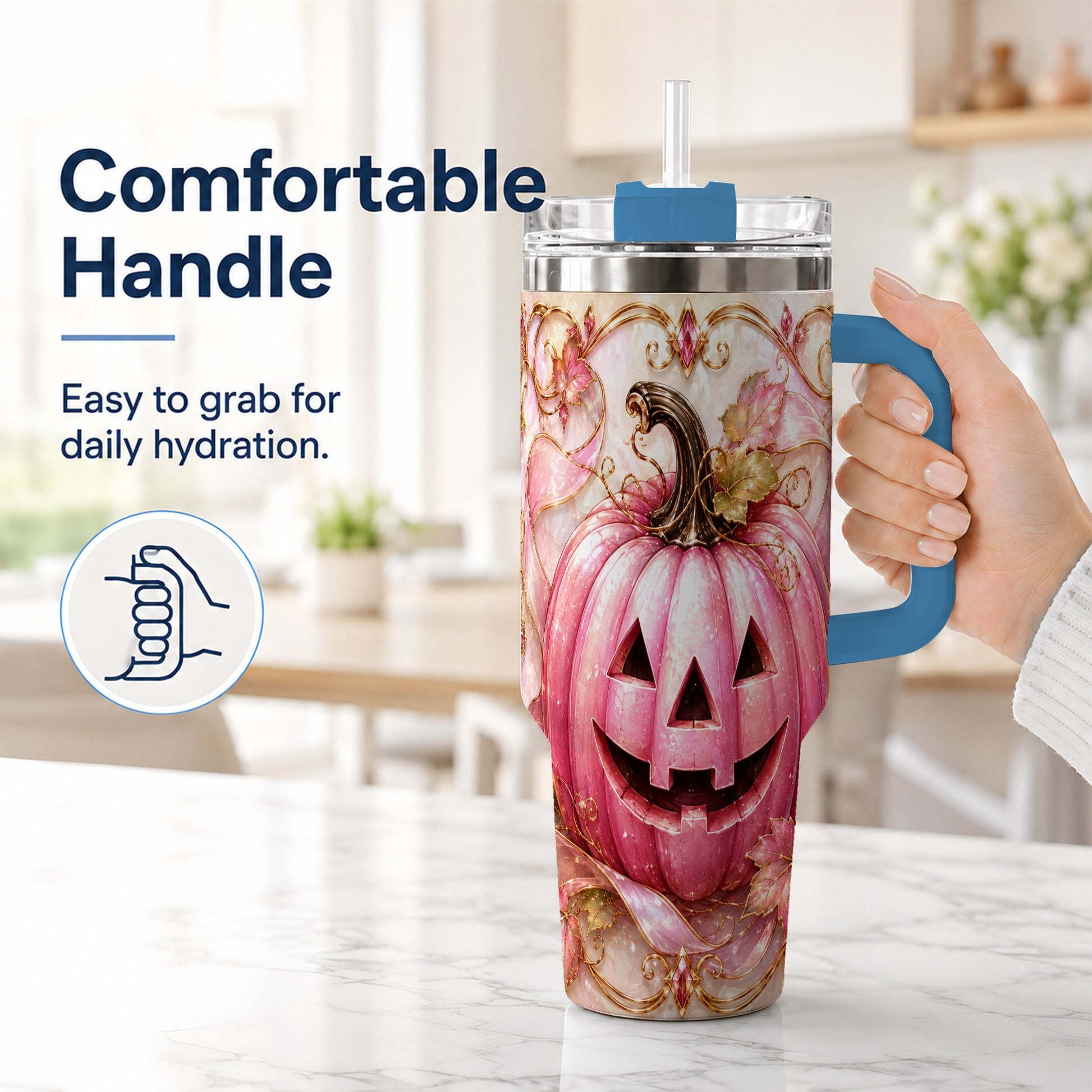 #pl[40oz|Blue] Pink Pumpkin 40oz Tumbler with Handle, Halloween Travel Cup