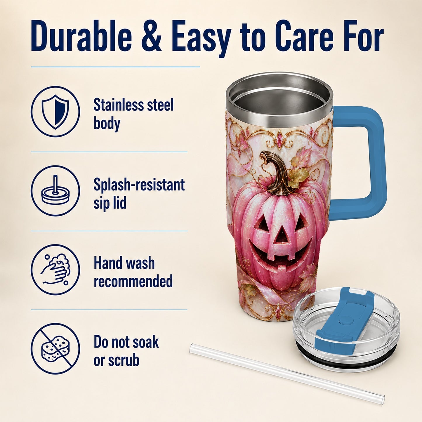#pl[40oz|Blue] Pink Pumpkin 40oz Tumbler with Handle, Halloween Travel Cup