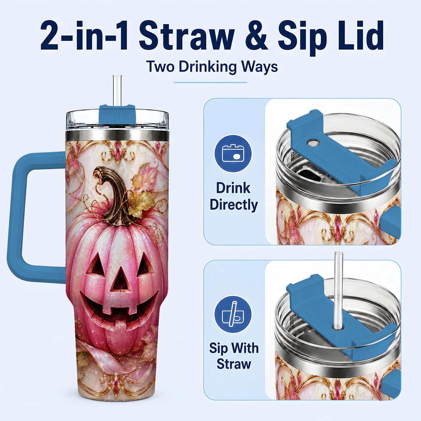 #pl[40oz|Blue] Pink Pumpkin 40oz Tumbler with Handle, Halloween Travel Cup