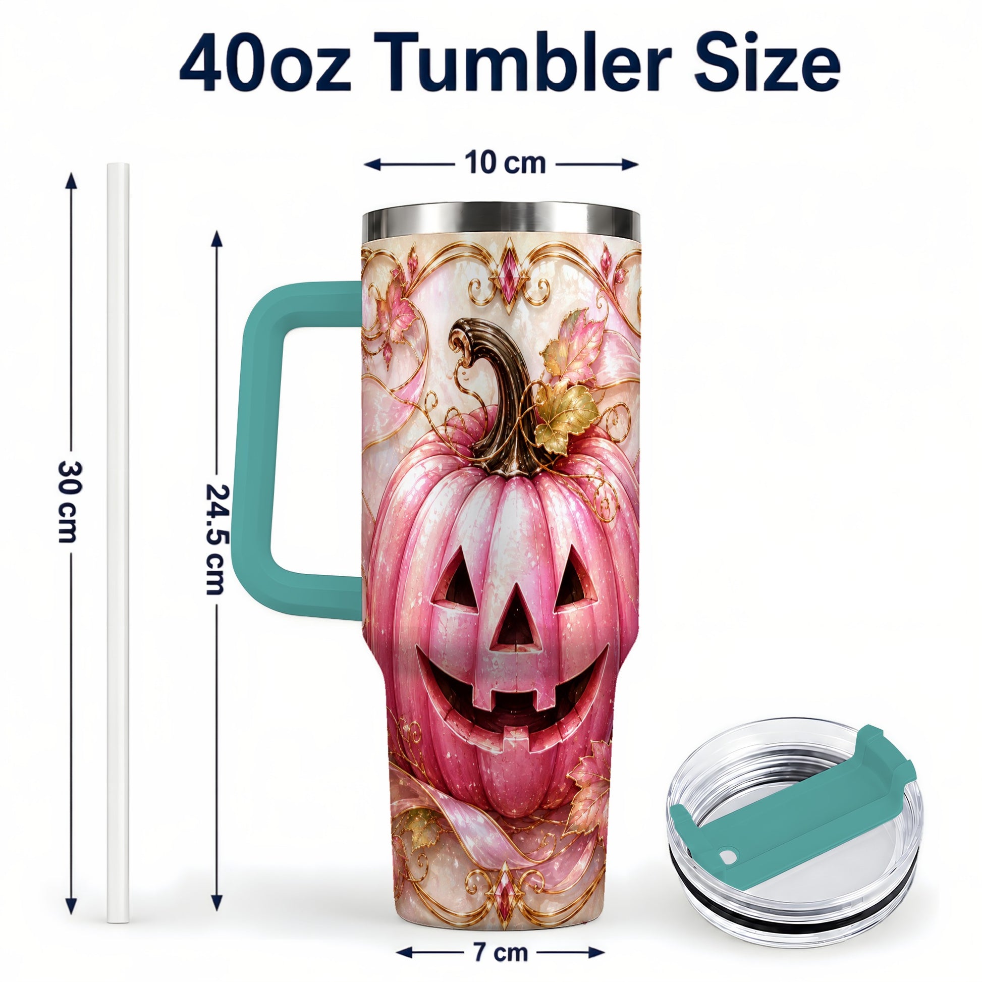 #pl[40oz|Green] Pink Pumpkin 40oz Tumbler with Handle, Halloween Travel Cup