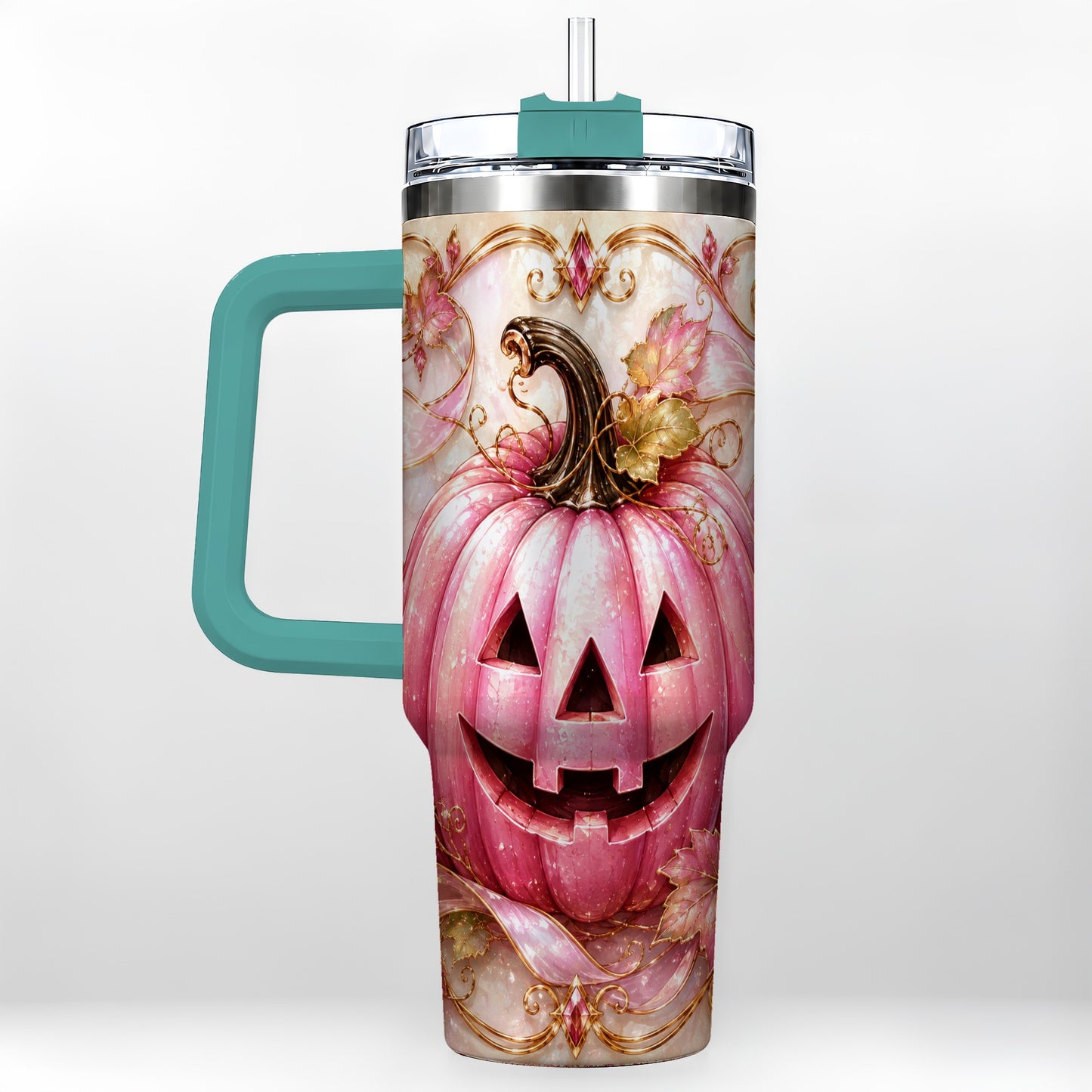 #pl[40oz|Green] Pink Pumpkin 40oz Tumbler with Handle, Halloween Travel Cup