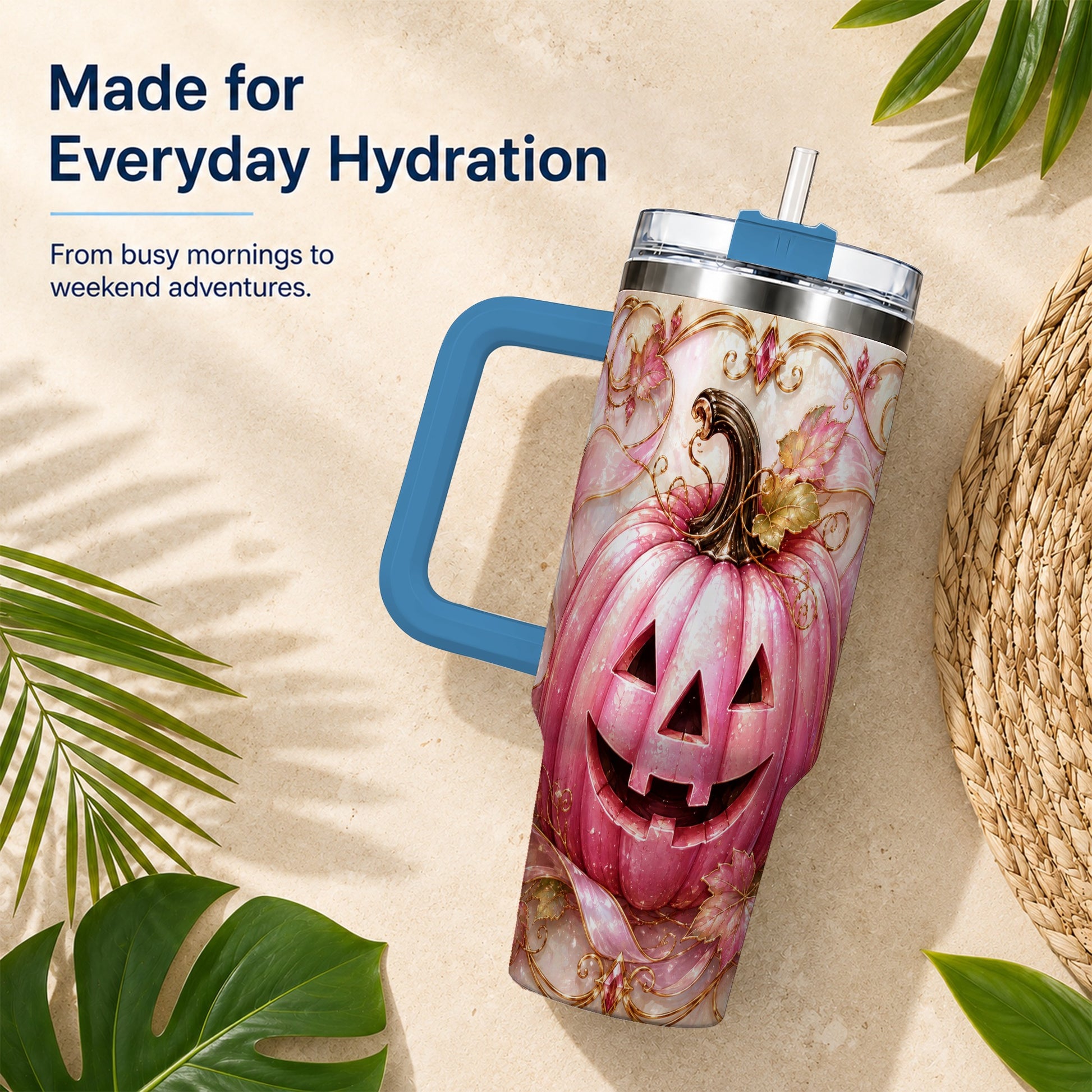 #pl[40oz|Blue] Pink Pumpkin 40oz Tumbler with Handle, Halloween Travel Cup