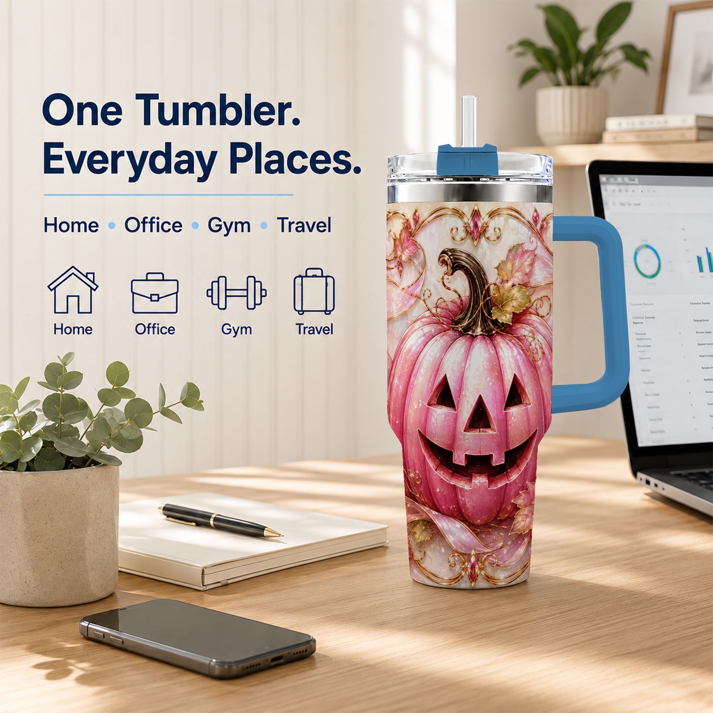 #pl[40oz|Blue] Pink Pumpkin 40oz Tumbler with Handle, Halloween Travel Cup