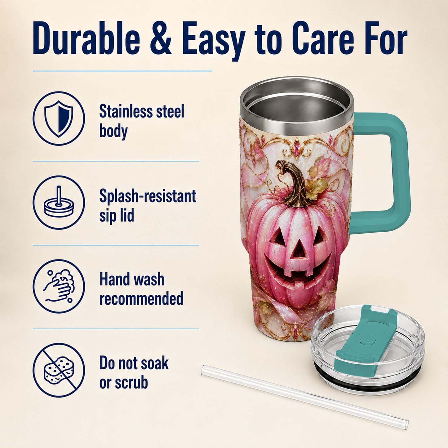 #pl[40oz|Green] Pink Pumpkin 40oz Tumbler with Handle, Halloween Travel Cup