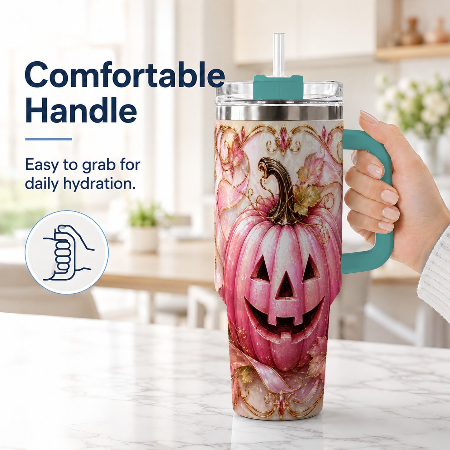 #pl[40oz|Green] Pink Pumpkin 40oz Tumbler with Handle, Halloween Travel Cup