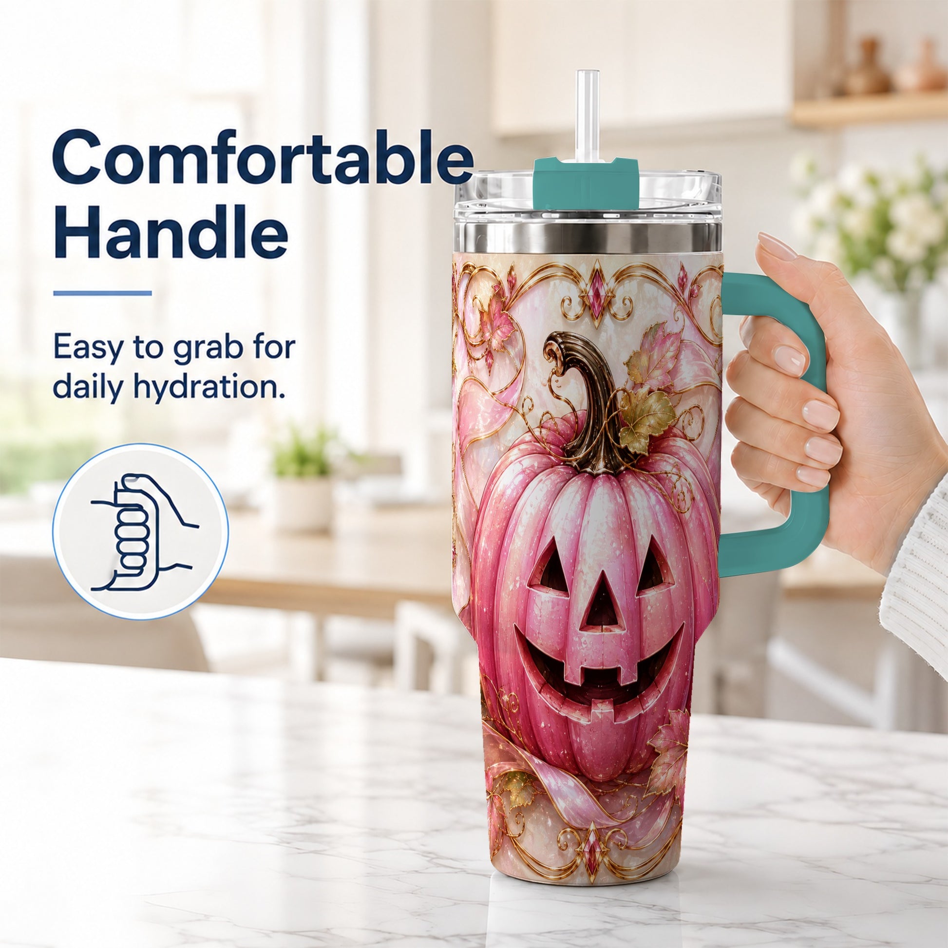 #pl[40oz|Green] Pink Pumpkin 40oz Tumbler with Handle, Halloween Travel Cup