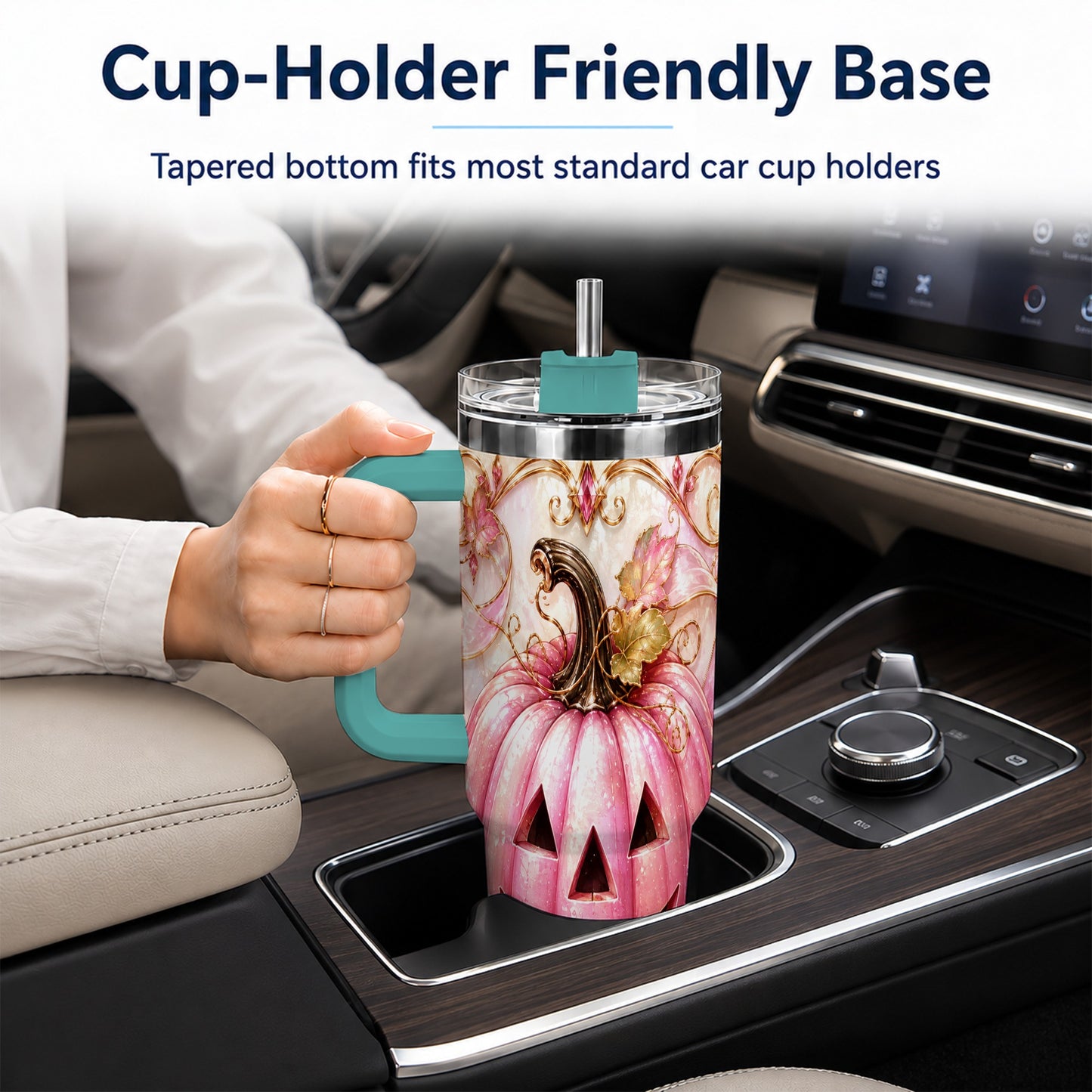 #pl[40oz|Green] Pink Pumpkin 40oz Tumbler with Handle, Halloween Travel Cup