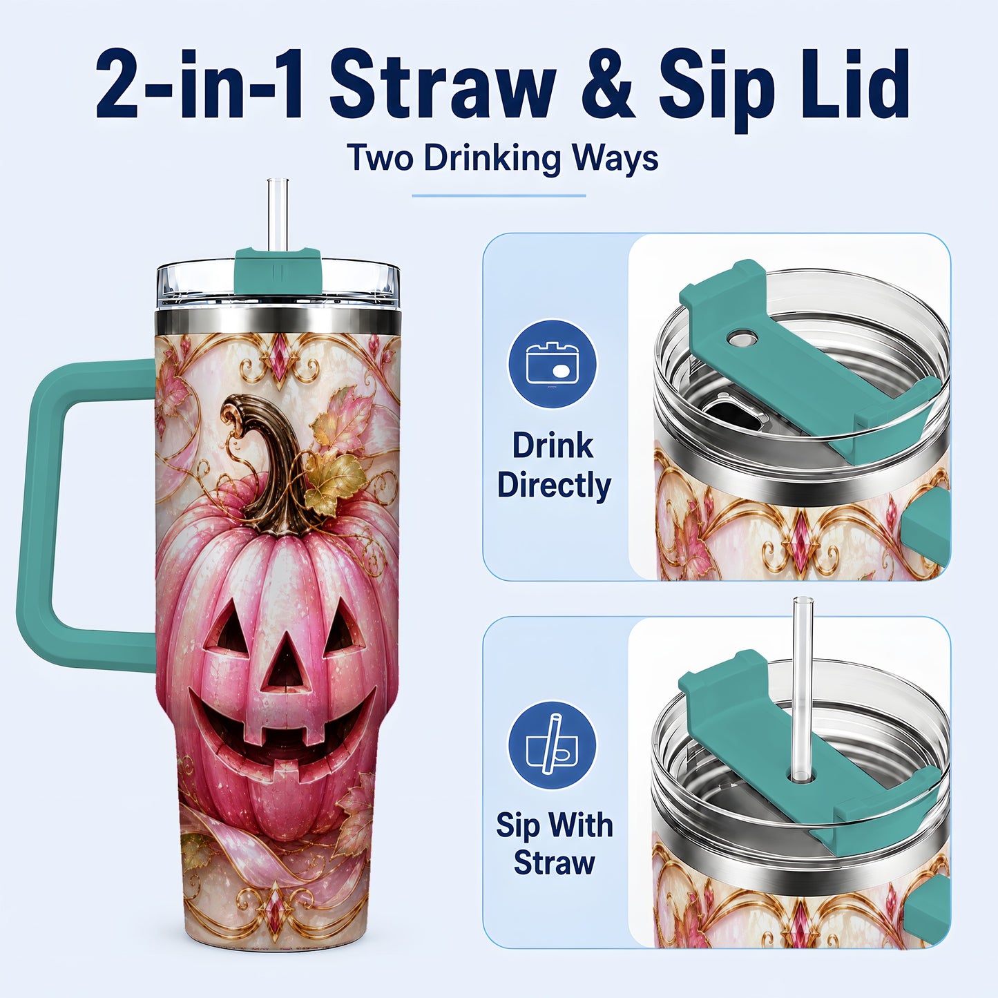 #pl[40oz|Green] Pink Pumpkin 40oz Tumbler with Handle, Halloween Travel Cup