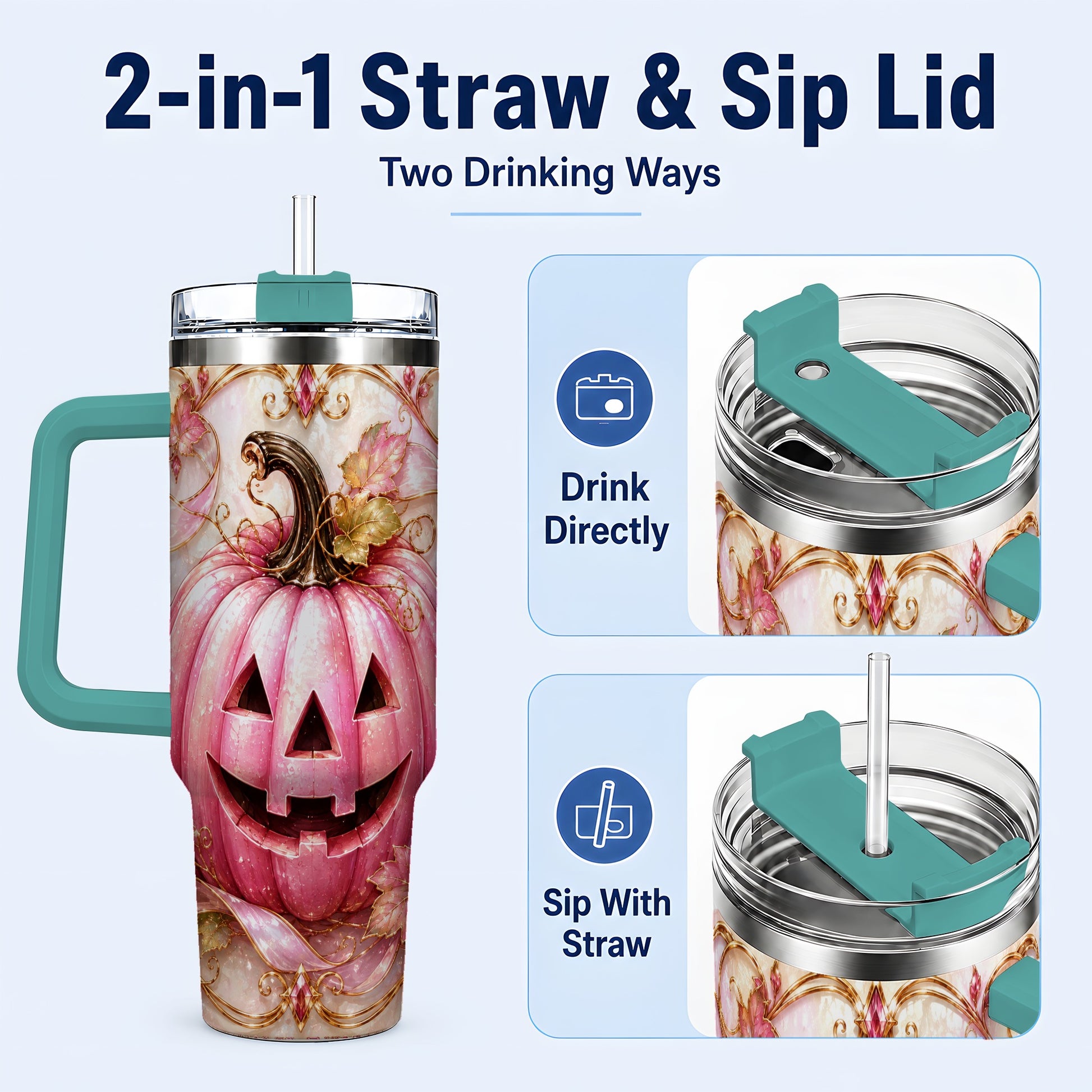 #pl[40oz|Green] Pink Pumpkin 40oz Tumbler with Handle, Halloween Travel Cup
