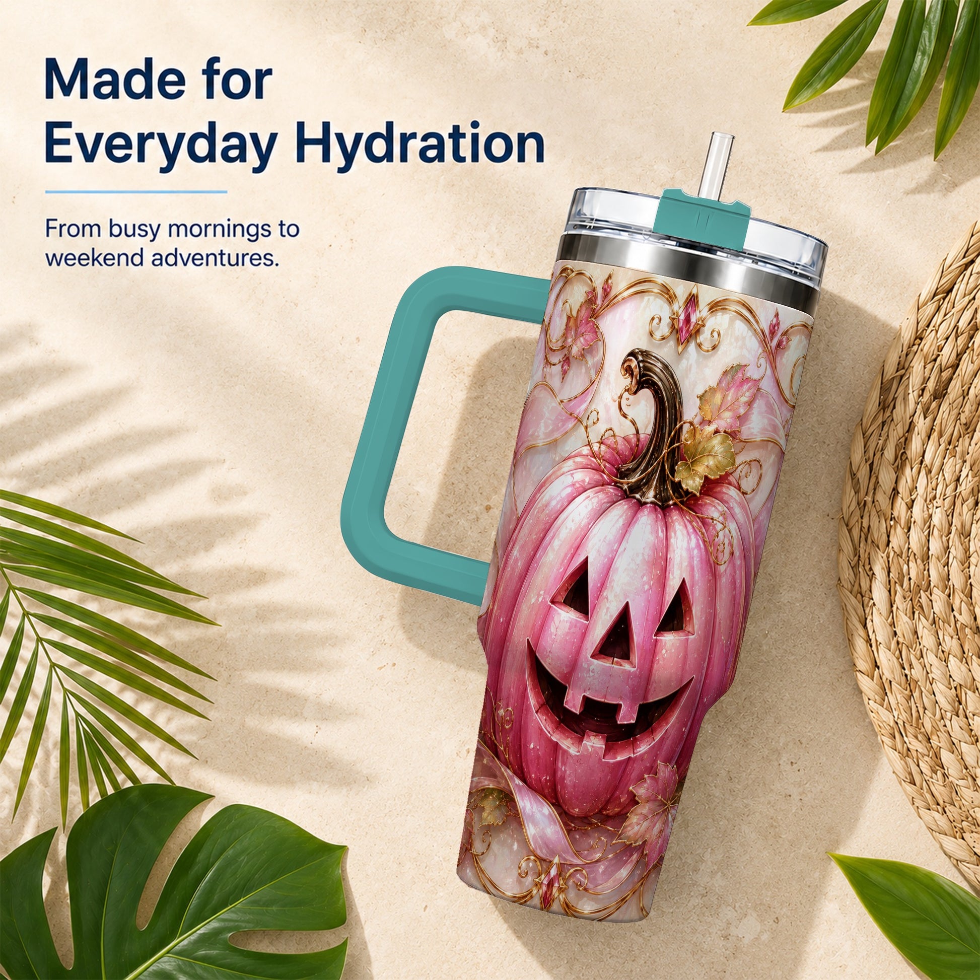 #pl[40oz|Green] Pink Pumpkin 40oz Tumbler with Handle, Halloween Travel Cup