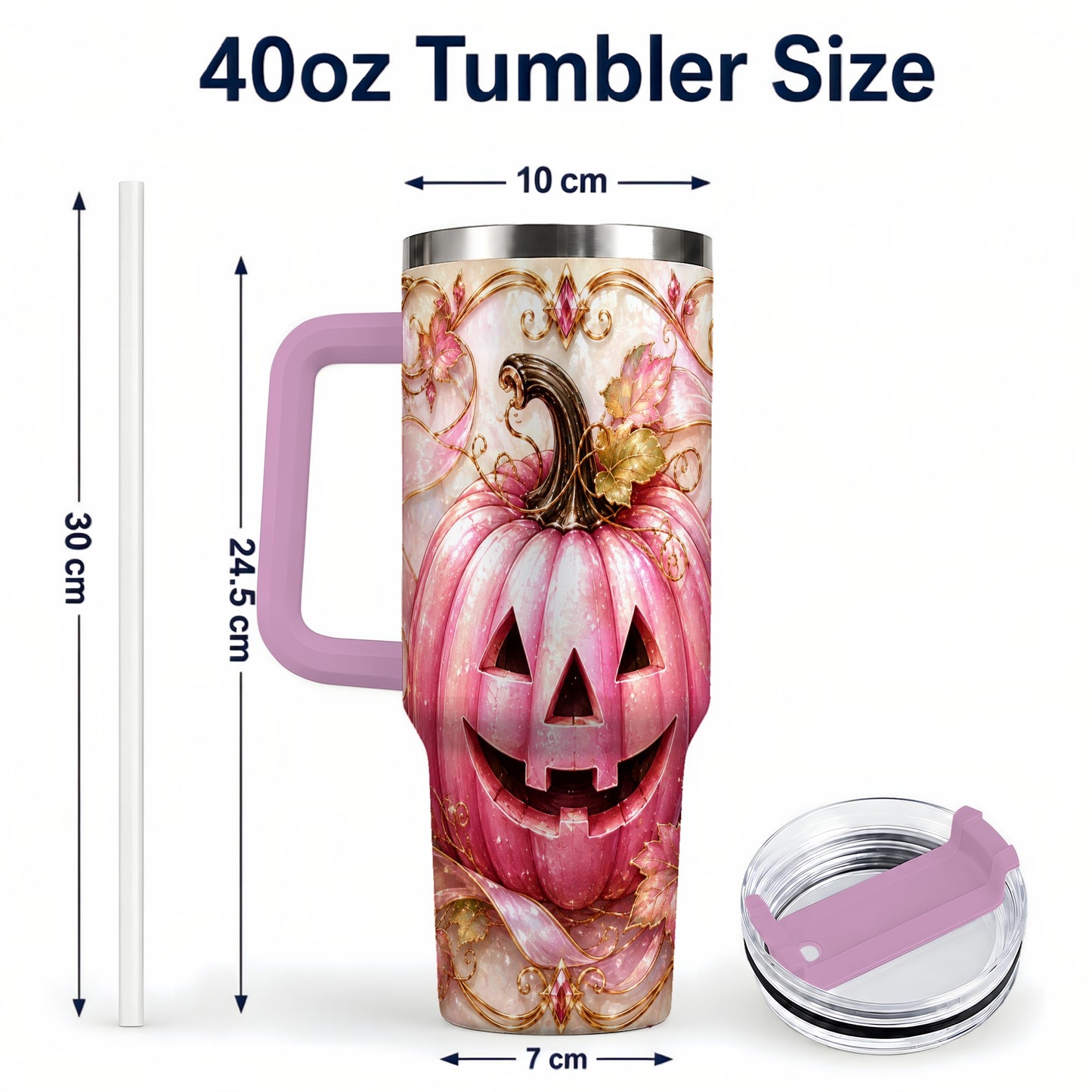 #pl[40oz|Pink] Pink Pumpkin 40oz Tumbler with Handle, Halloween Travel Cup