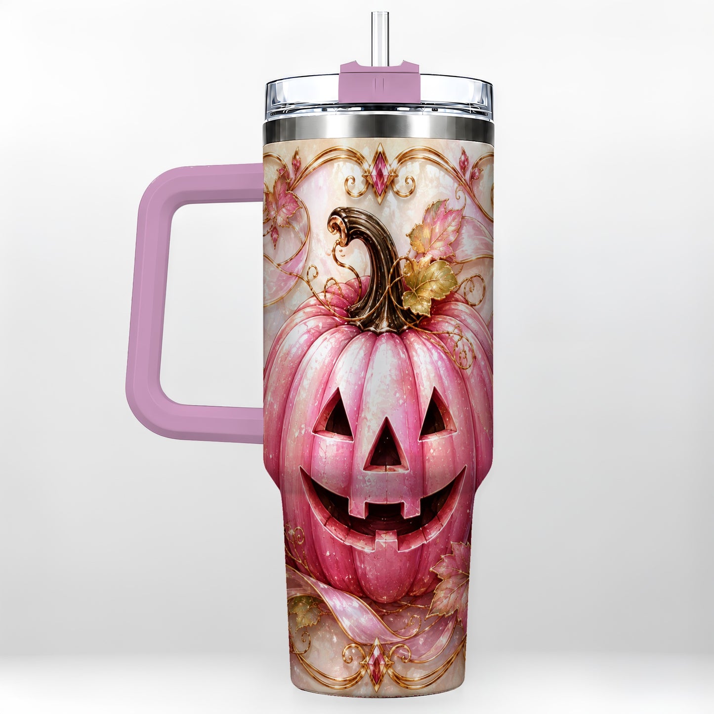 #pl[40oz|Pink] Pink Pumpkin 40oz Tumbler with Handle, Halloween Travel Cup