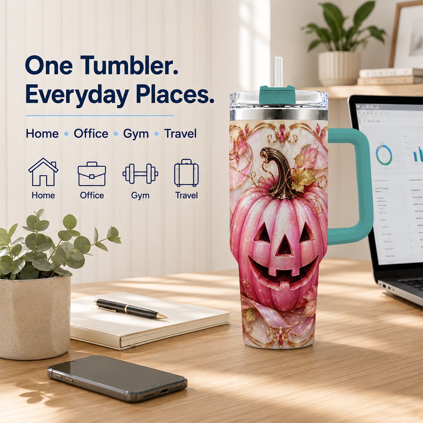 #pl[40oz|Green] Pink Pumpkin 40oz Tumbler with Handle, Halloween Travel Cup