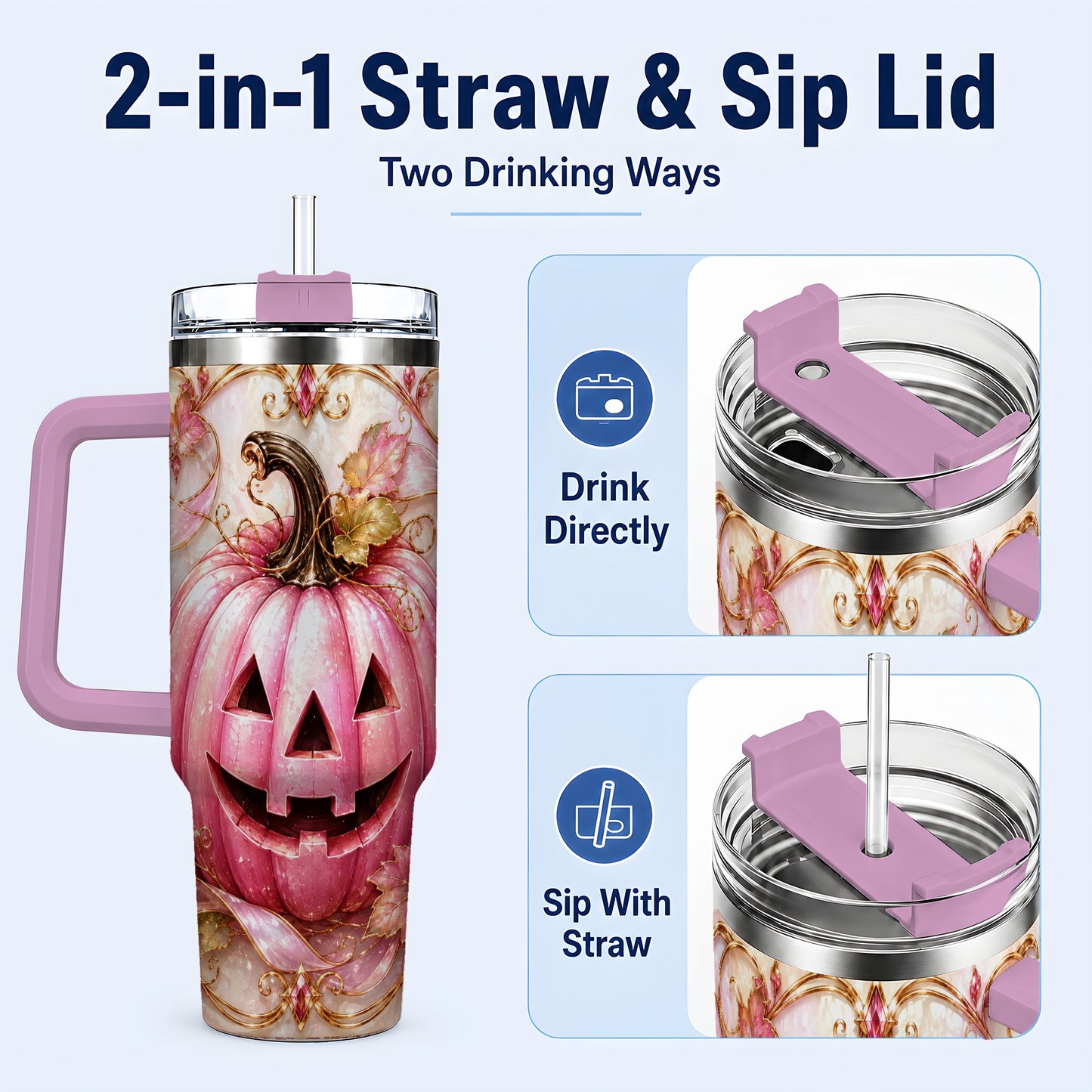 #pl[40oz|Pink] Pink Pumpkin 40oz Tumbler with Handle, Halloween Travel Cup