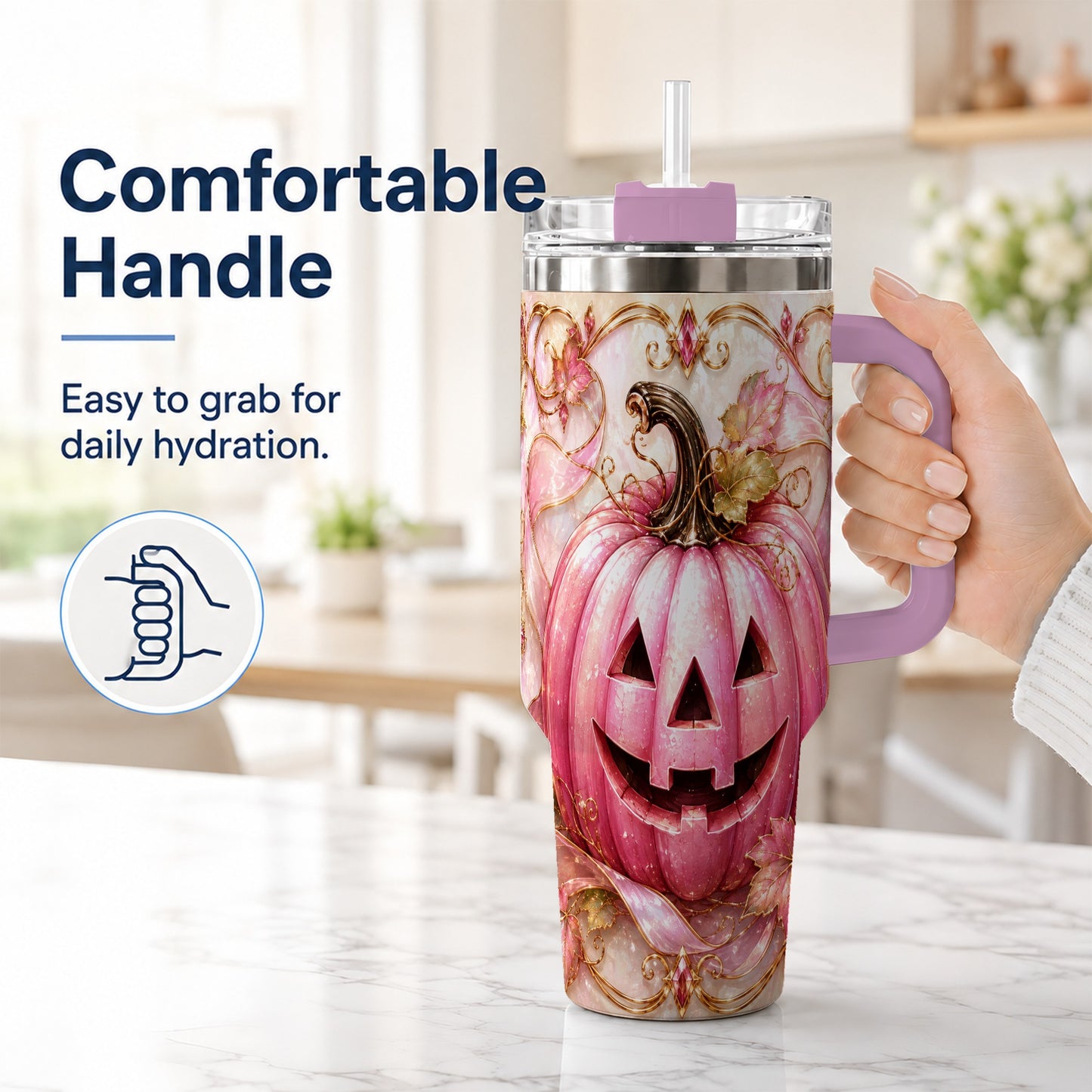 #pl[40oz|Pink] Pink Pumpkin 40oz Tumbler with Handle, Halloween Travel Cup
