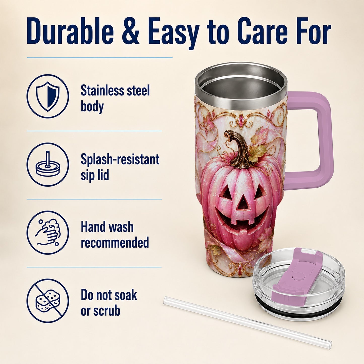 #pl[40oz|Pink] Pink Pumpkin 40oz Tumbler with Handle, Halloween Travel Cup