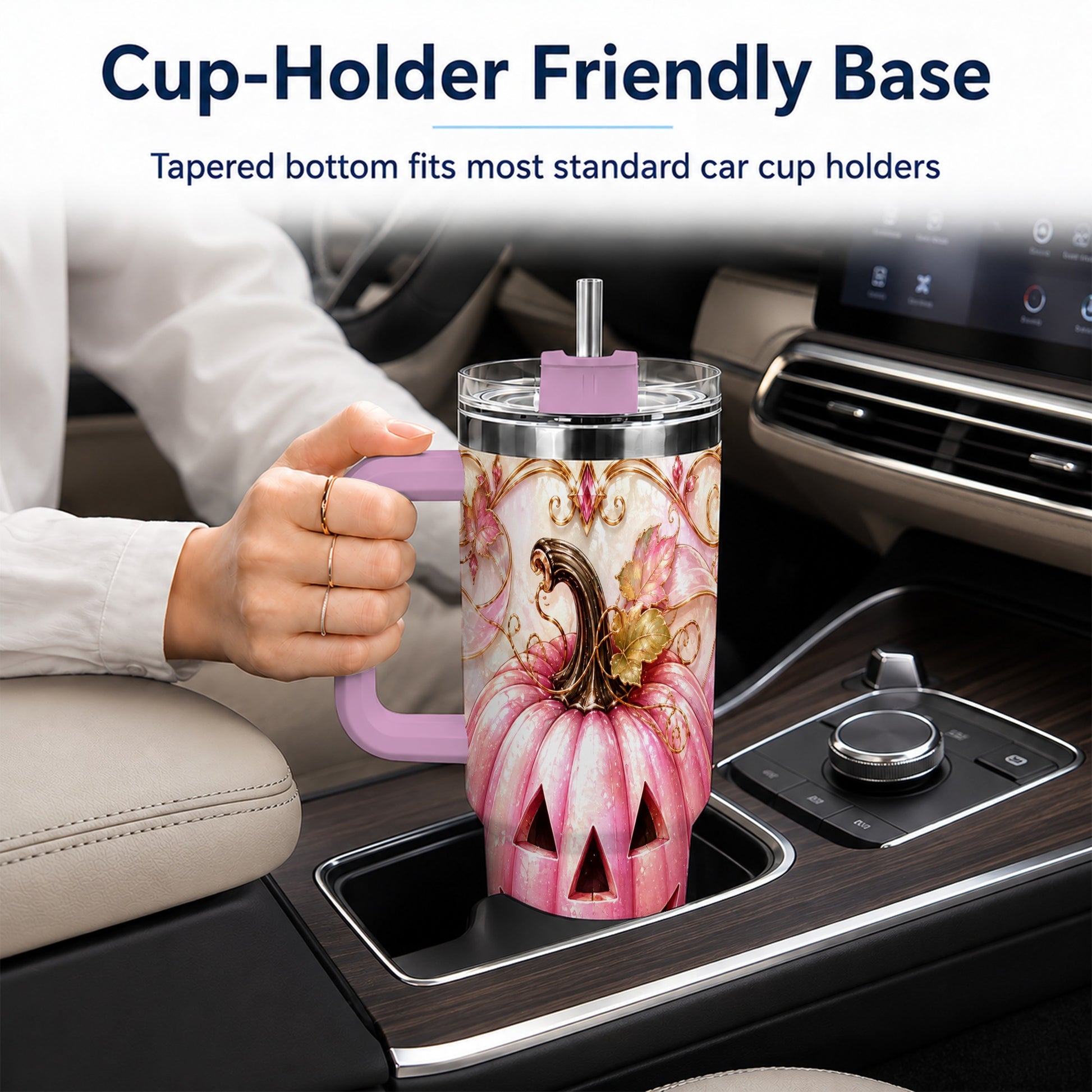 #pl[40oz|Pink] Pink Pumpkin 40oz Tumbler with Handle, Halloween Travel Cup