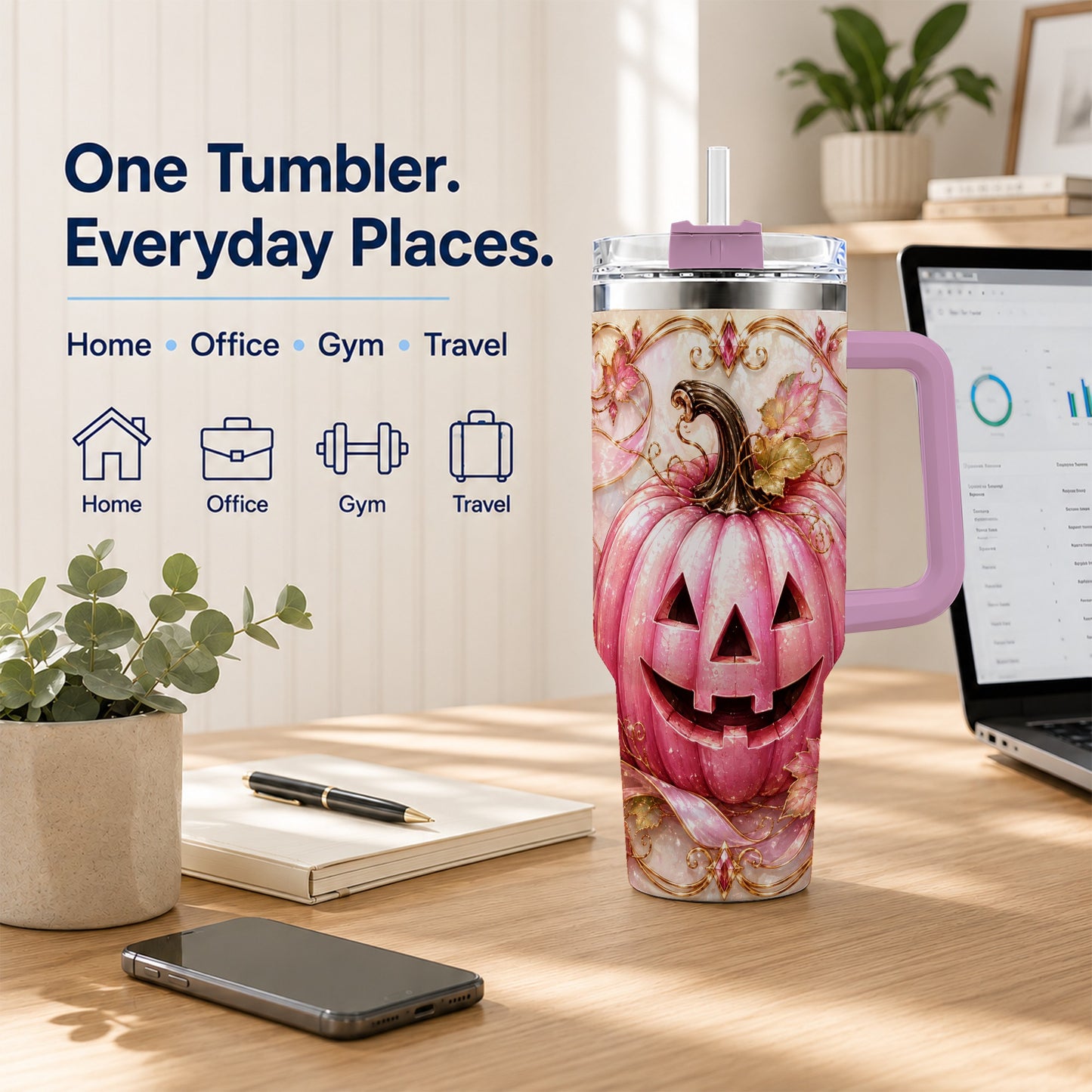 #pl[40oz|Pink] Pink Pumpkin 40oz Tumbler with Handle, Halloween Travel Cup