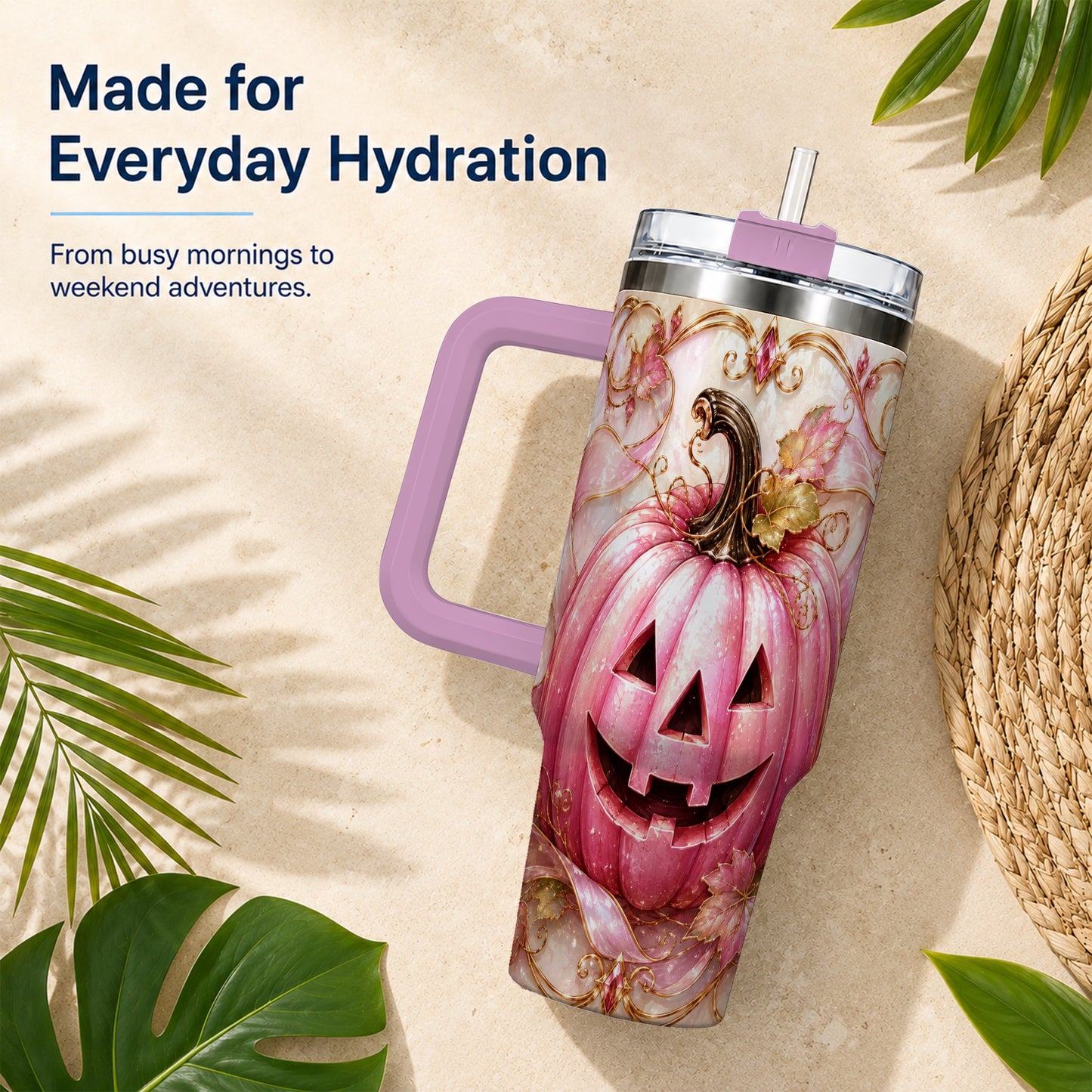 #pl[40oz|Pink] Pink Pumpkin 40oz Tumbler with Handle, Halloween Travel Cup