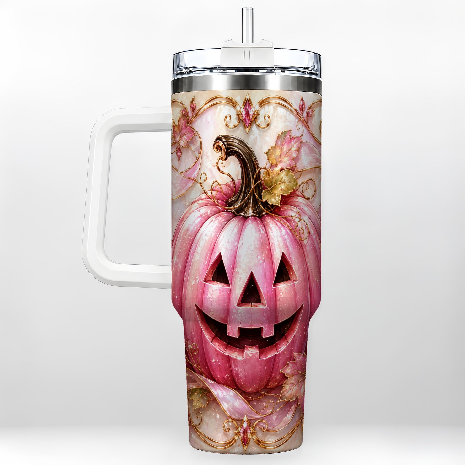 #pl[40oz|White] Pink Pumpkin 40oz Tumbler with Handle, Halloween Travel Cup