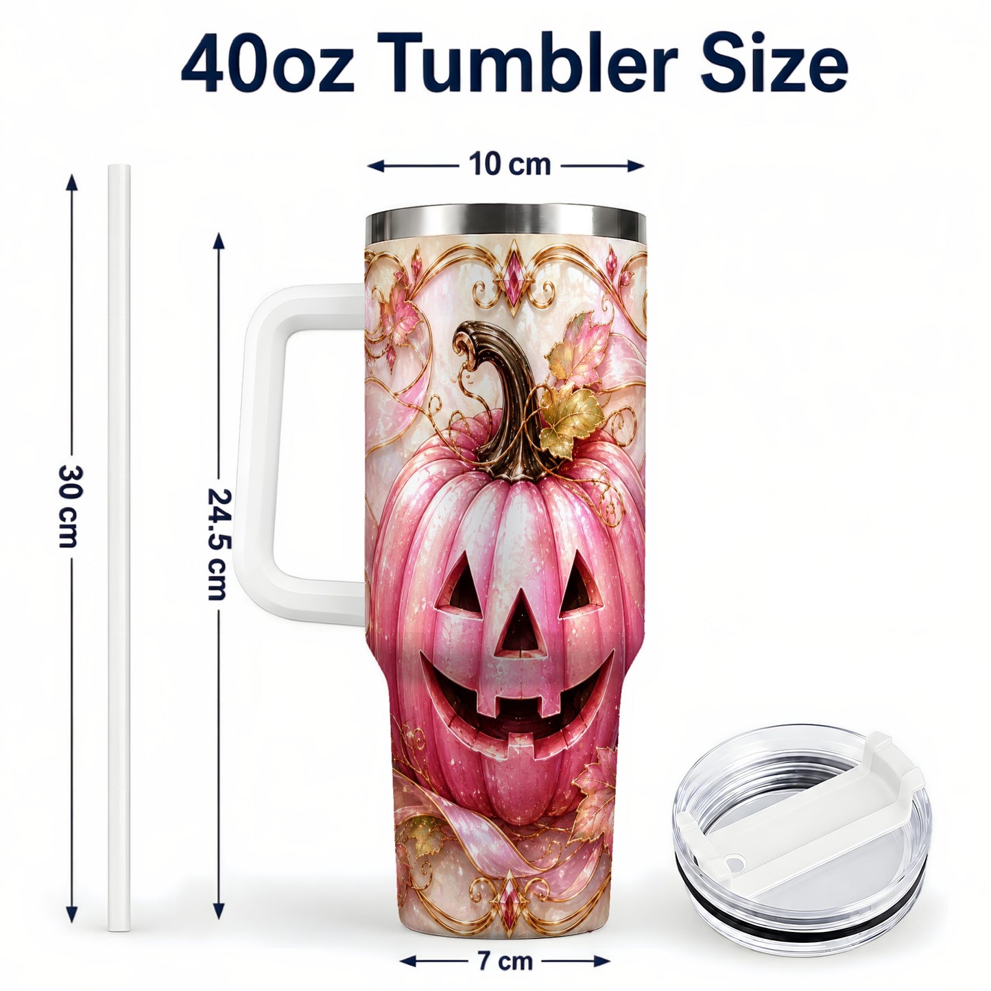 #pl[40oz|White] Pink Pumpkin 40oz Tumbler with Handle, Halloween Travel Cup