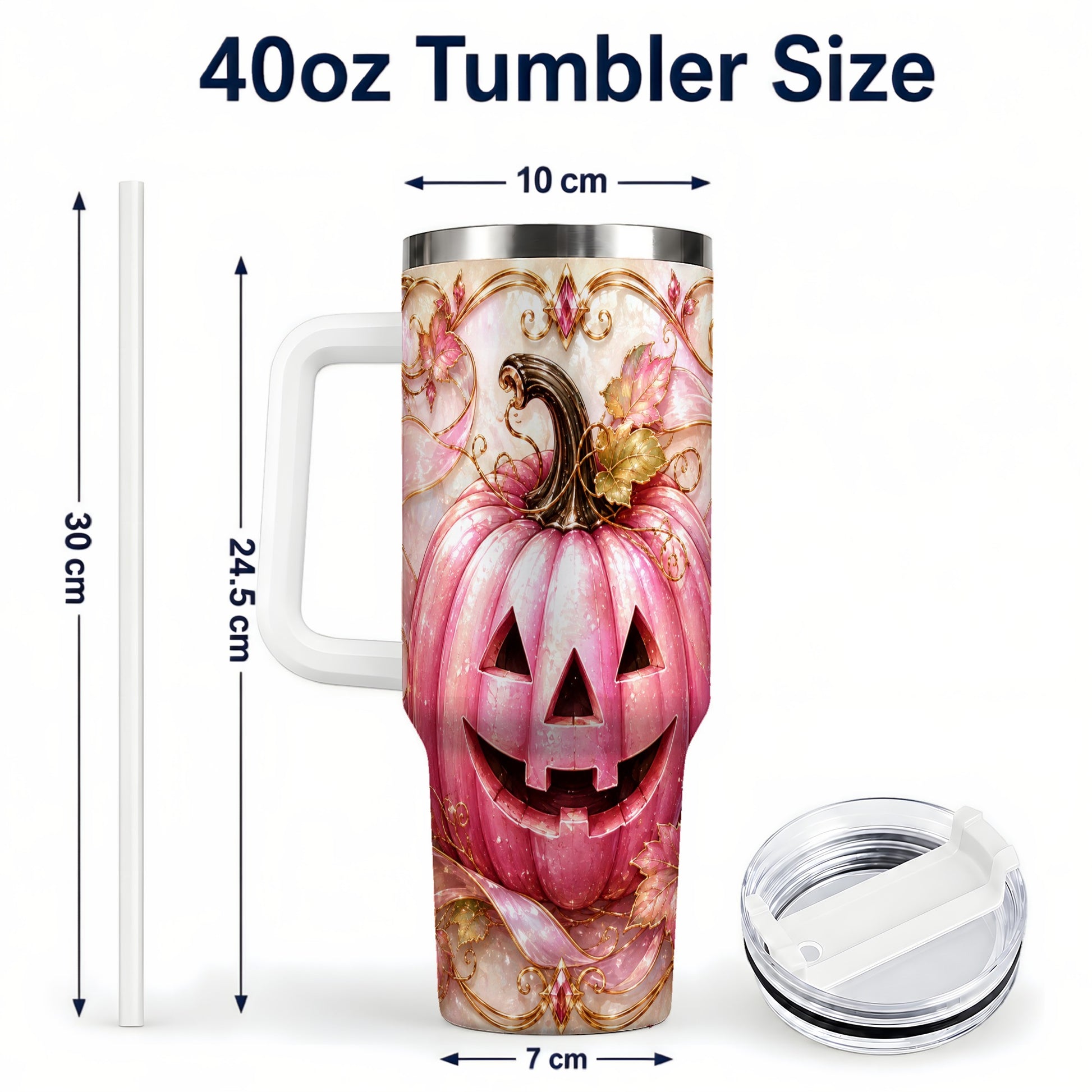 #pl[40oz|White] Pink Pumpkin 40oz Tumbler with Handle, Halloween Travel Cup