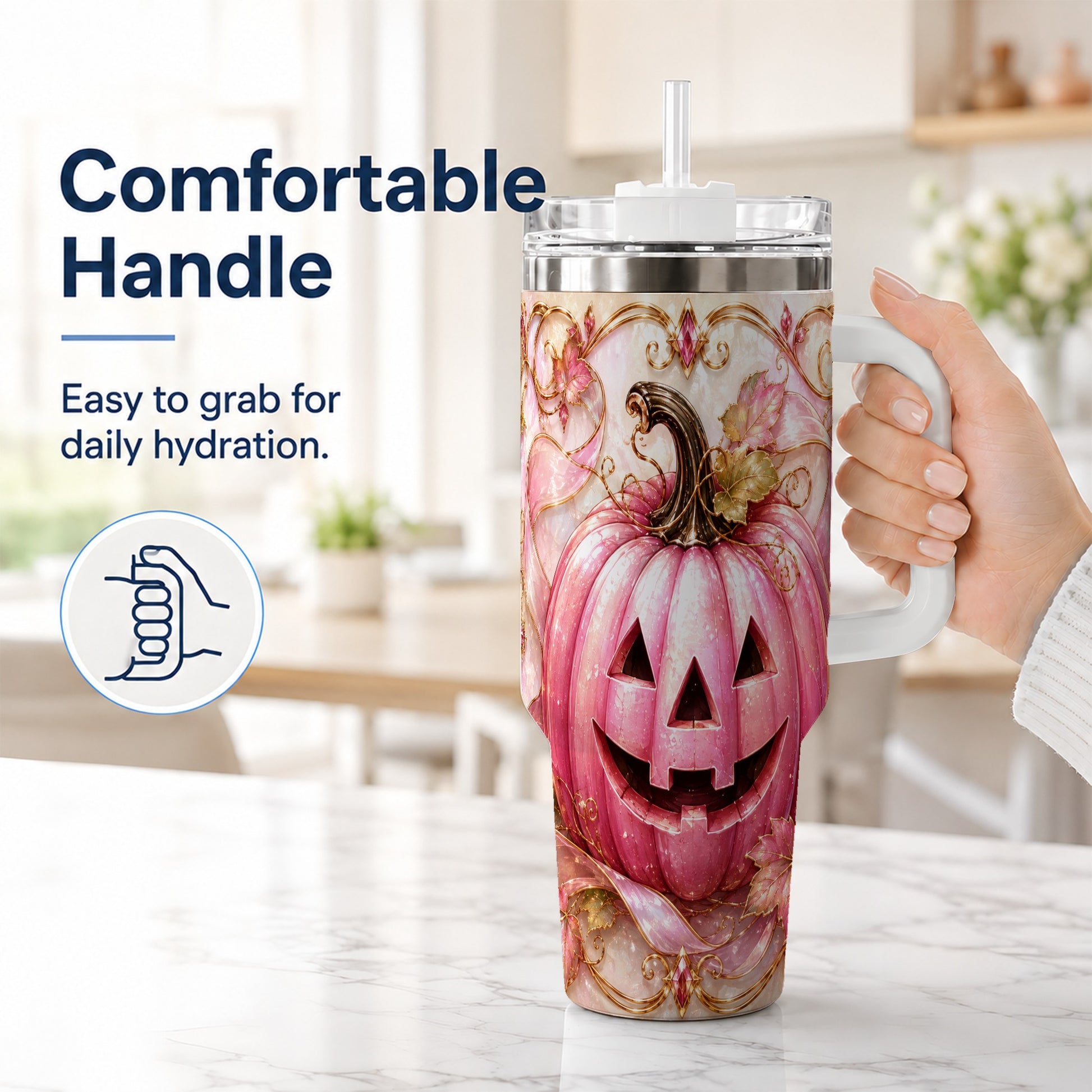 #pl[40oz|White] Pink Pumpkin 40oz Tumbler with Handle, Halloween Travel Cup