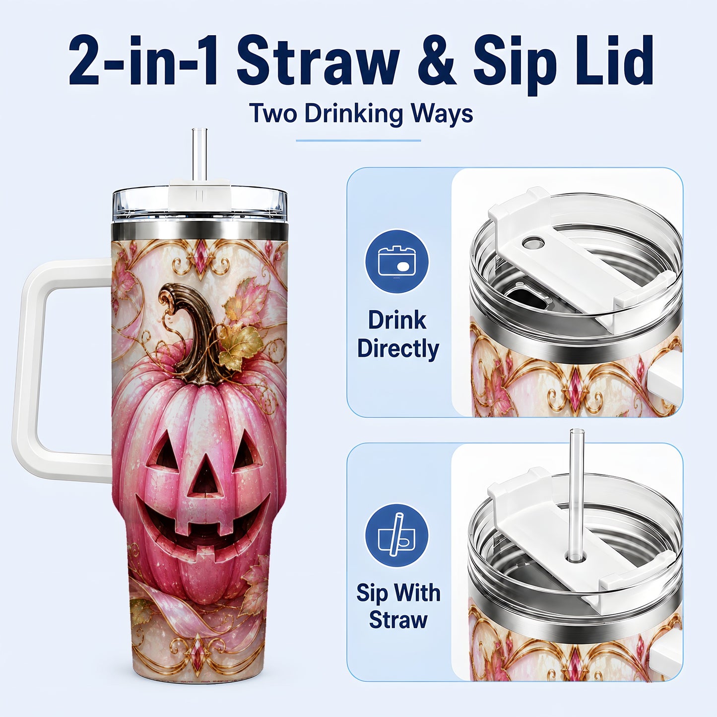 #pl[40oz|White] Pink Pumpkin 40oz Tumbler with Handle, Halloween Travel Cup