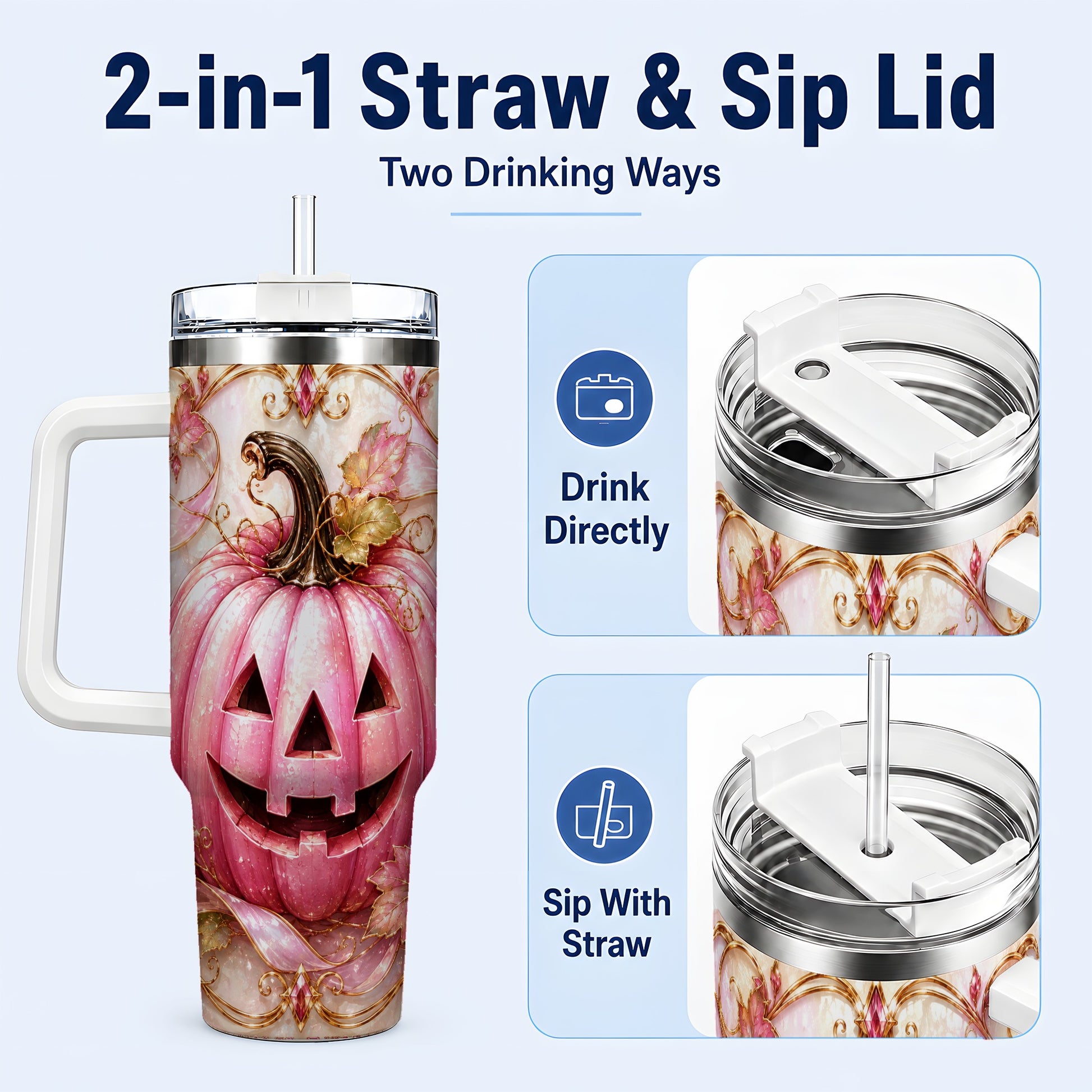 #pl[40oz|White] Pink Pumpkin 40oz Tumbler with Handle, Halloween Travel Cup