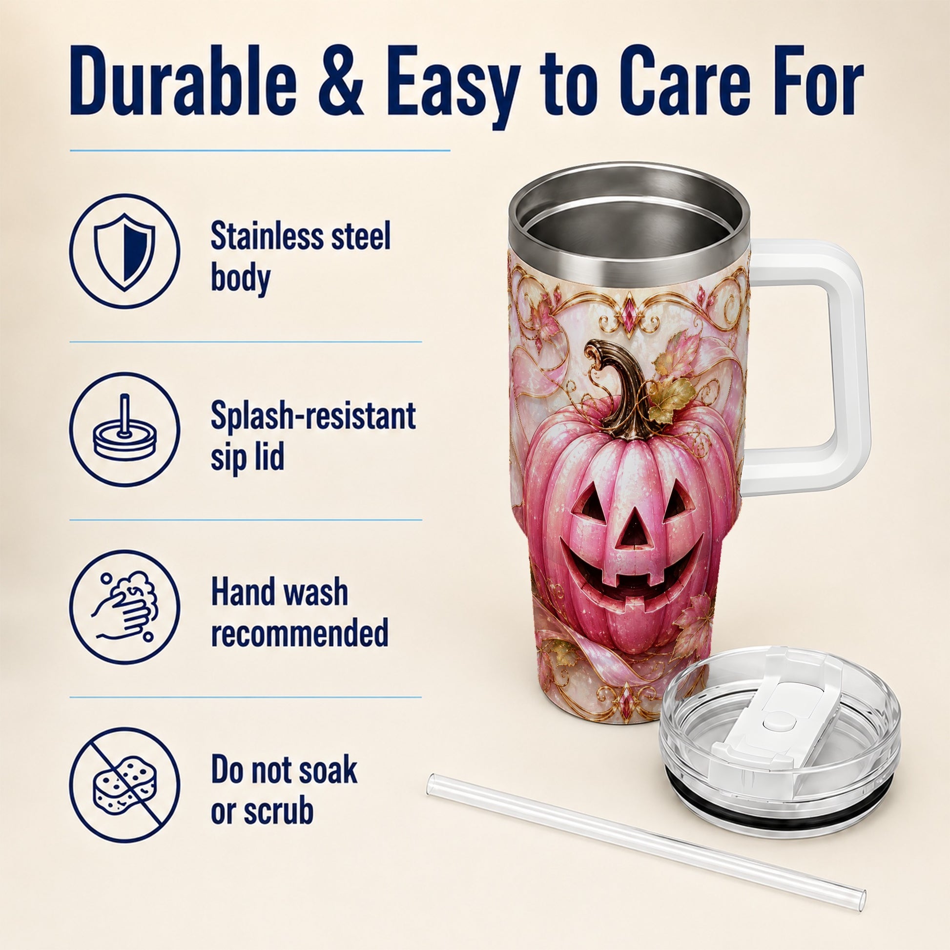 #pl[40oz|White] Pink Pumpkin 40oz Tumbler with Handle, Halloween Travel Cup