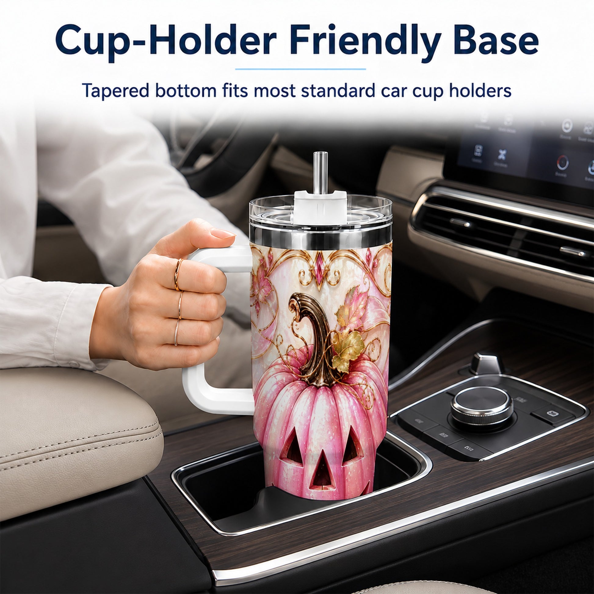 #pl[40oz|White] Pink Pumpkin 40oz Tumbler with Handle, Halloween Travel Cup