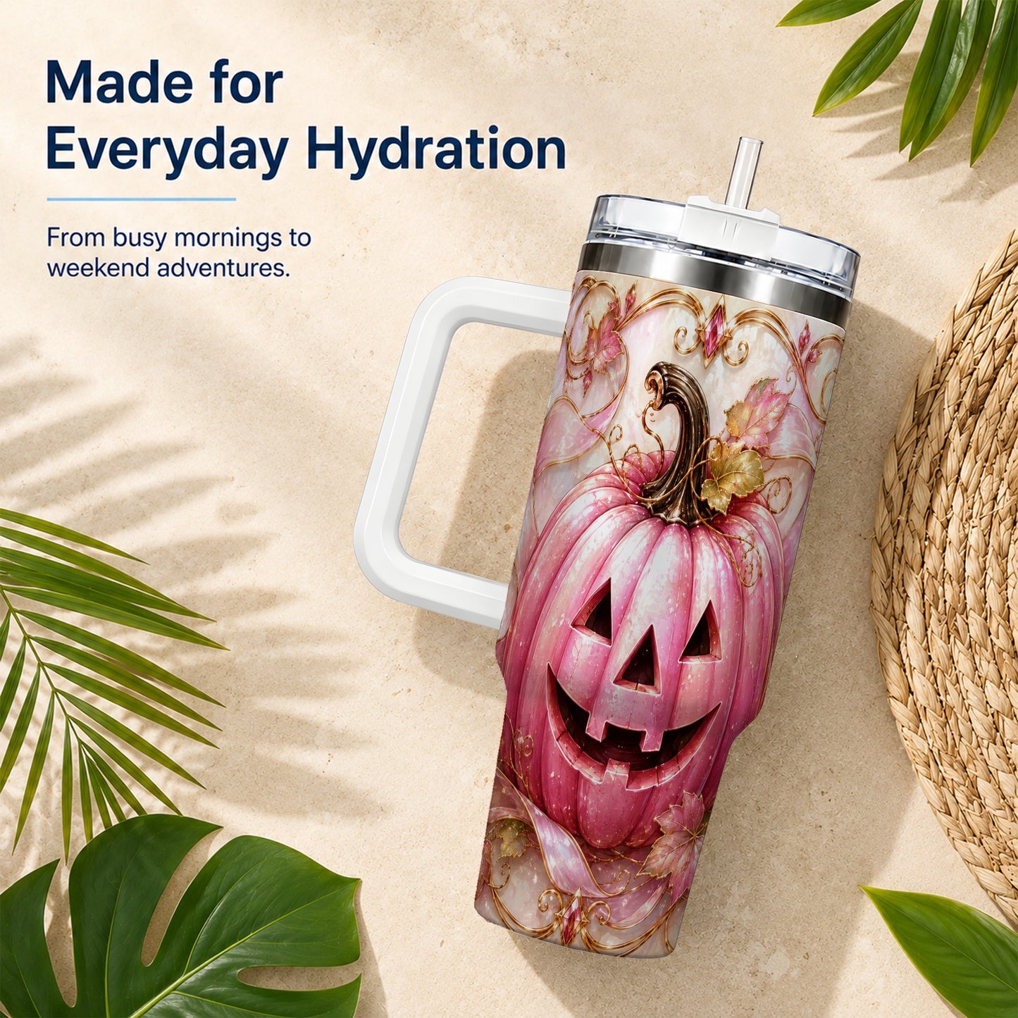 #pl[40oz|White] Pink Pumpkin 40oz Tumbler with Handle, Halloween Travel Cup
