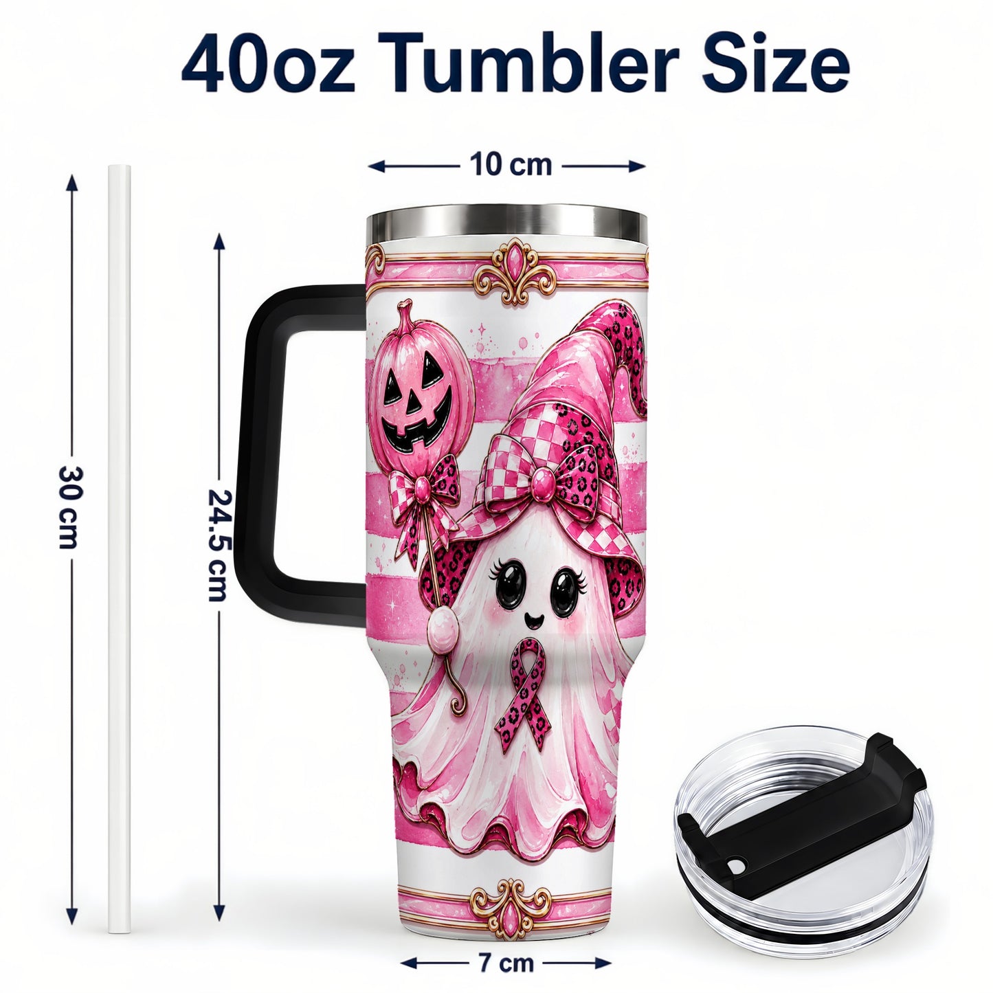 #pl[40oz|Black] Pink Witch Ghost 40oz Tumbler with Handle, Halloween Travel Cup