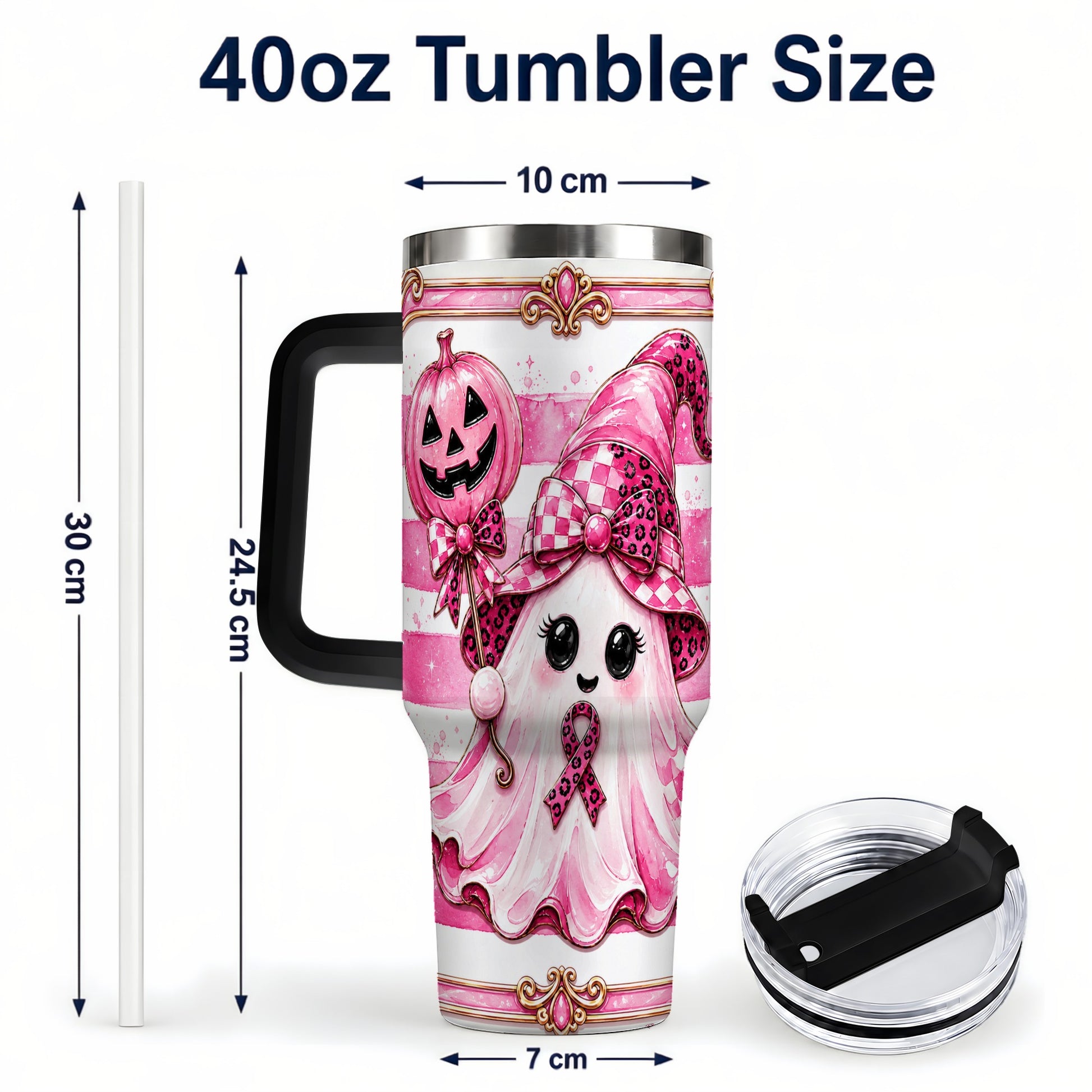 #pl[40oz|Black] Pink Witch Ghost 40oz Tumbler with Handle, Halloween Travel Cup