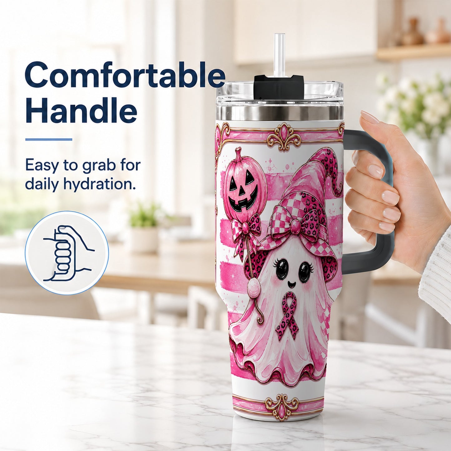 #pl[40oz|Black] Pink Witch Ghost 40oz Tumbler with Handle, Halloween Travel Cup