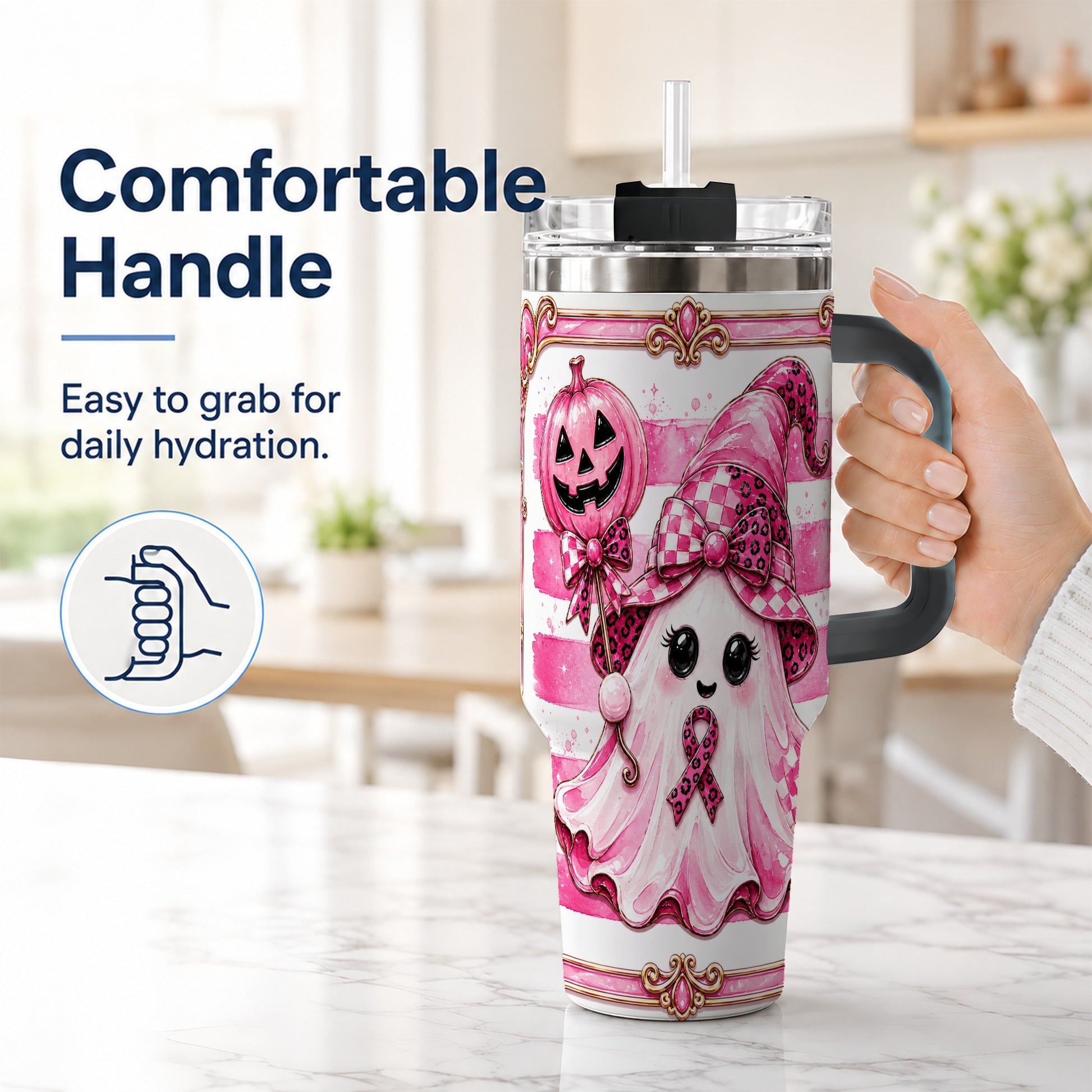 #pl[40oz|Black] Pink Witch Ghost 40oz Tumbler with Handle, Halloween Travel Cup