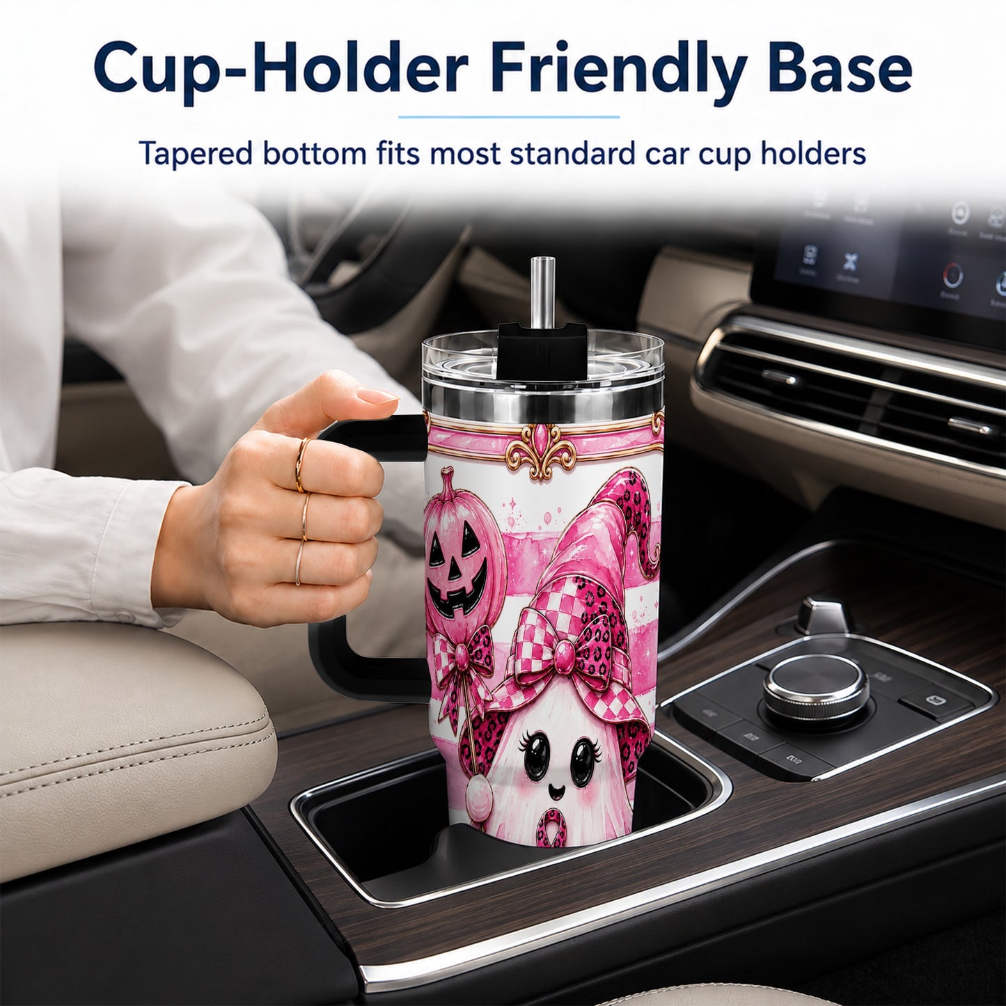 #pl[40oz|Black] Pink Witch Ghost 40oz Tumbler with Handle, Halloween Travel Cup