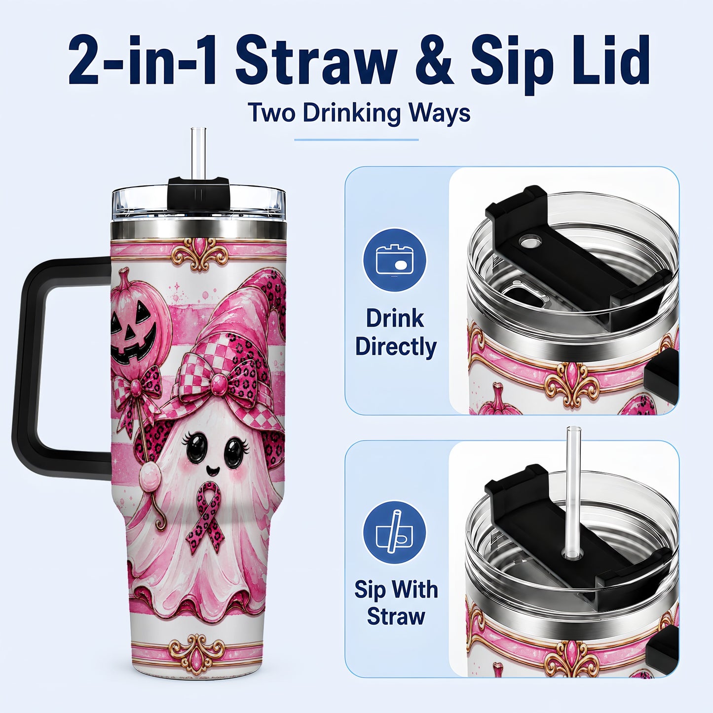 #pl[40oz|Black] Pink Witch Ghost 40oz Tumbler with Handle, Halloween Travel Cup