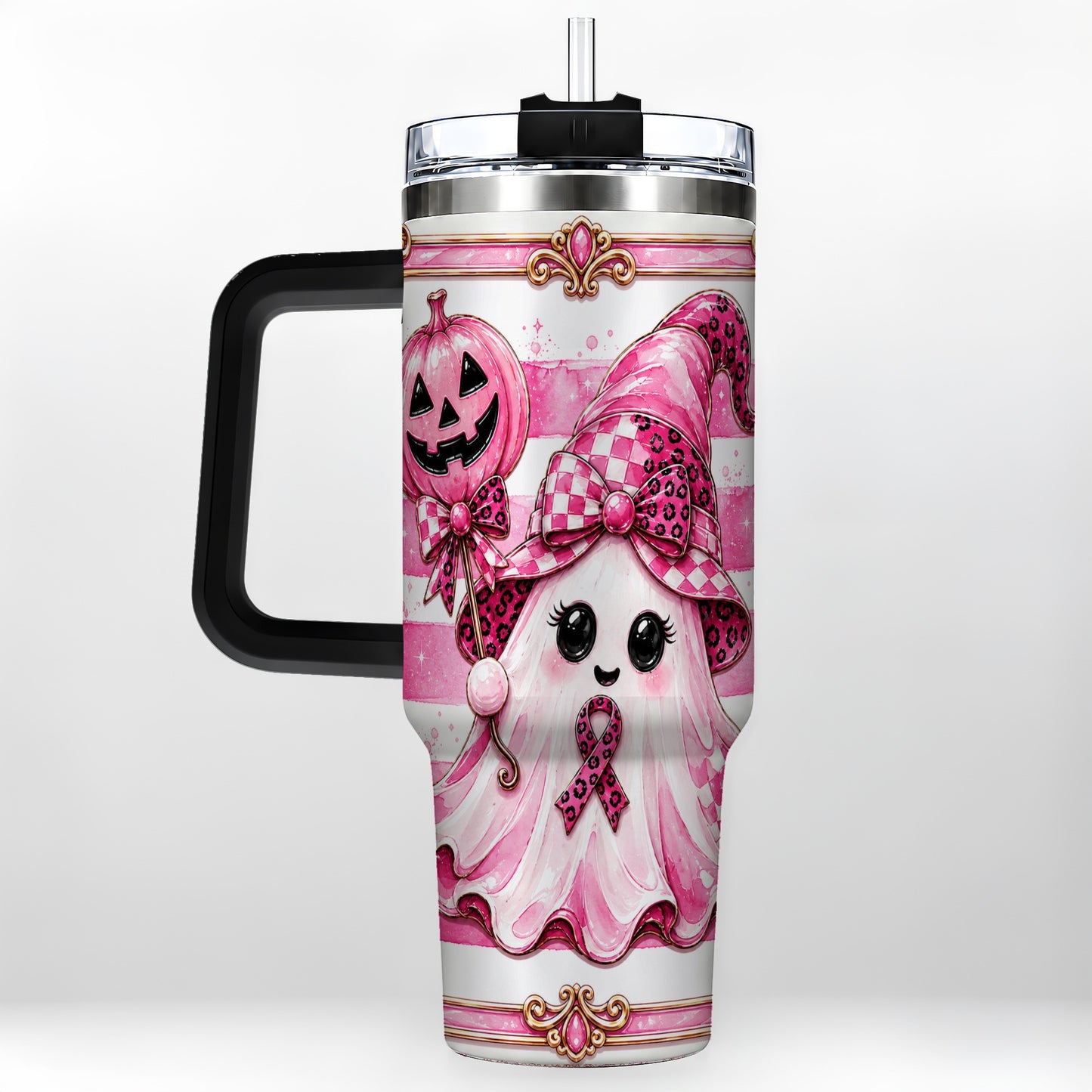 #pl[40oz|Black] Pink Witch Ghost 40oz Tumbler with Handle, Halloween Travel Cup