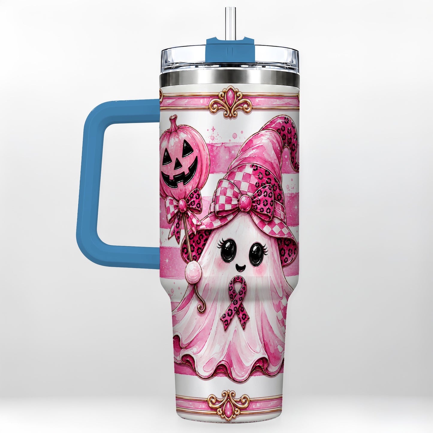 #pl[40oz|Blue] Pink Witch Ghost 40oz Tumbler with Handle, Halloween Travel Cup