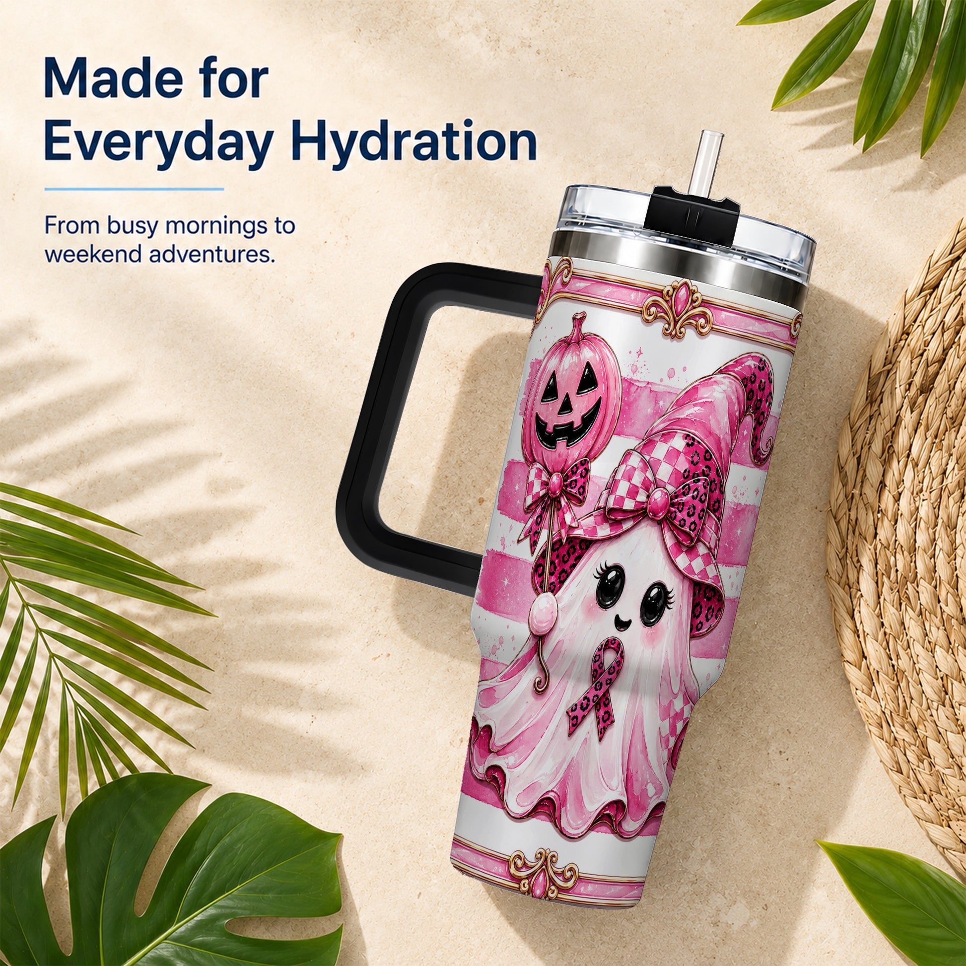 #pl[40oz|Black] Pink Witch Ghost 40oz Tumbler with Handle, Halloween Travel Cup