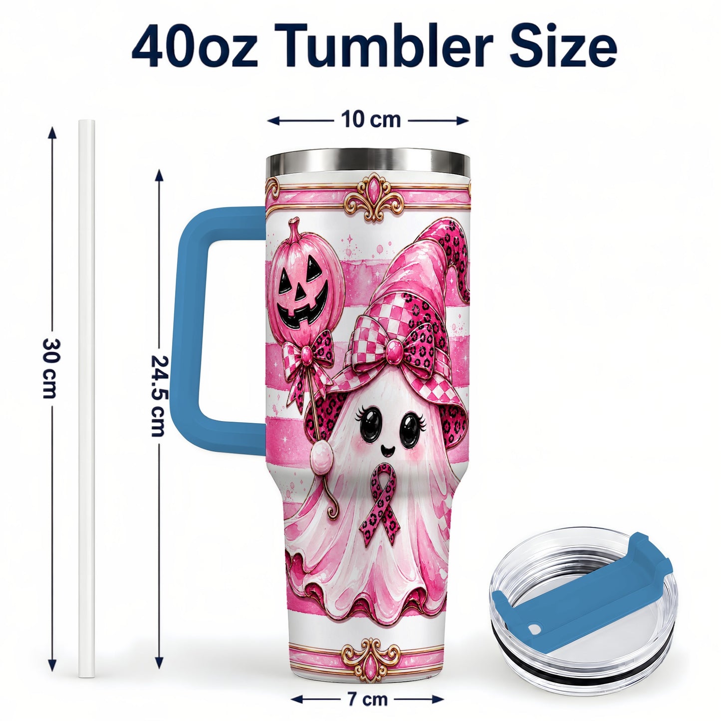 #pl[40oz|Blue] Pink Witch Ghost 40oz Tumbler with Handle, Halloween Travel Cup
