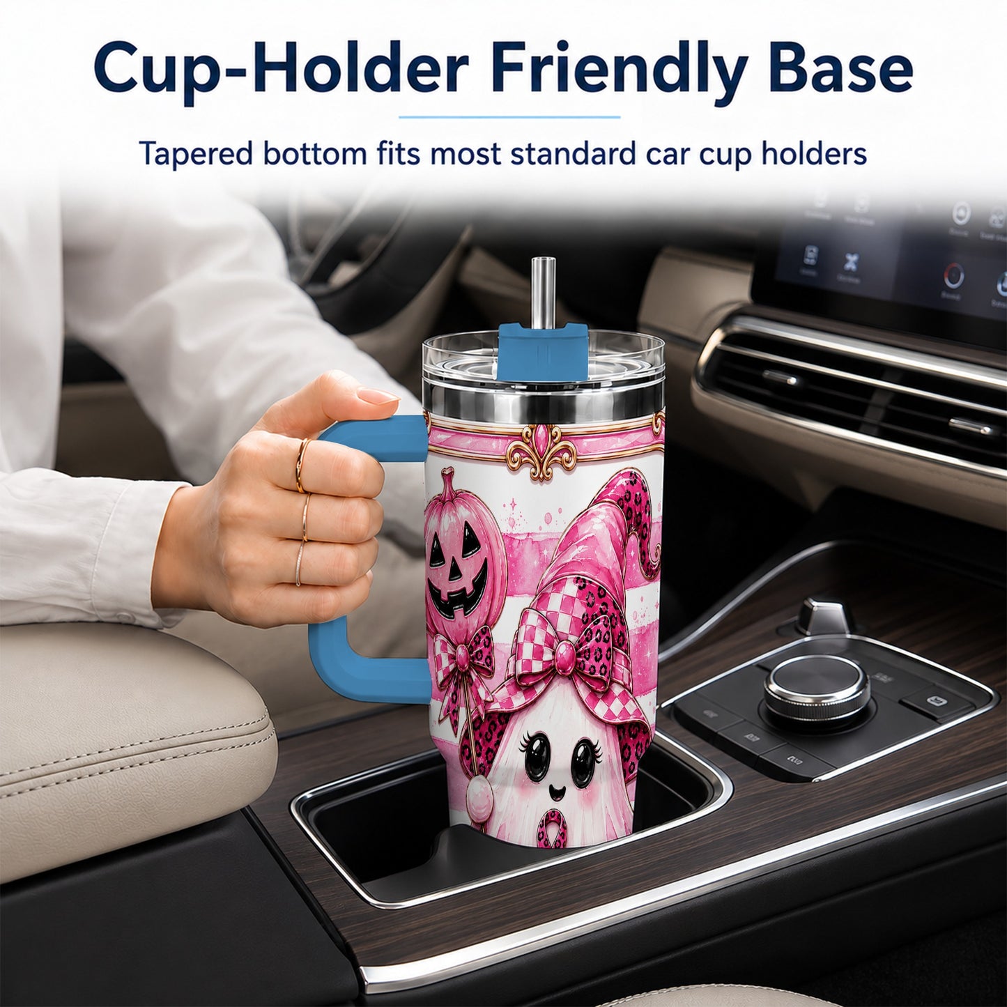 #pl[40oz|Blue] Pink Witch Ghost 40oz Tumbler with Handle, Halloween Travel Cup