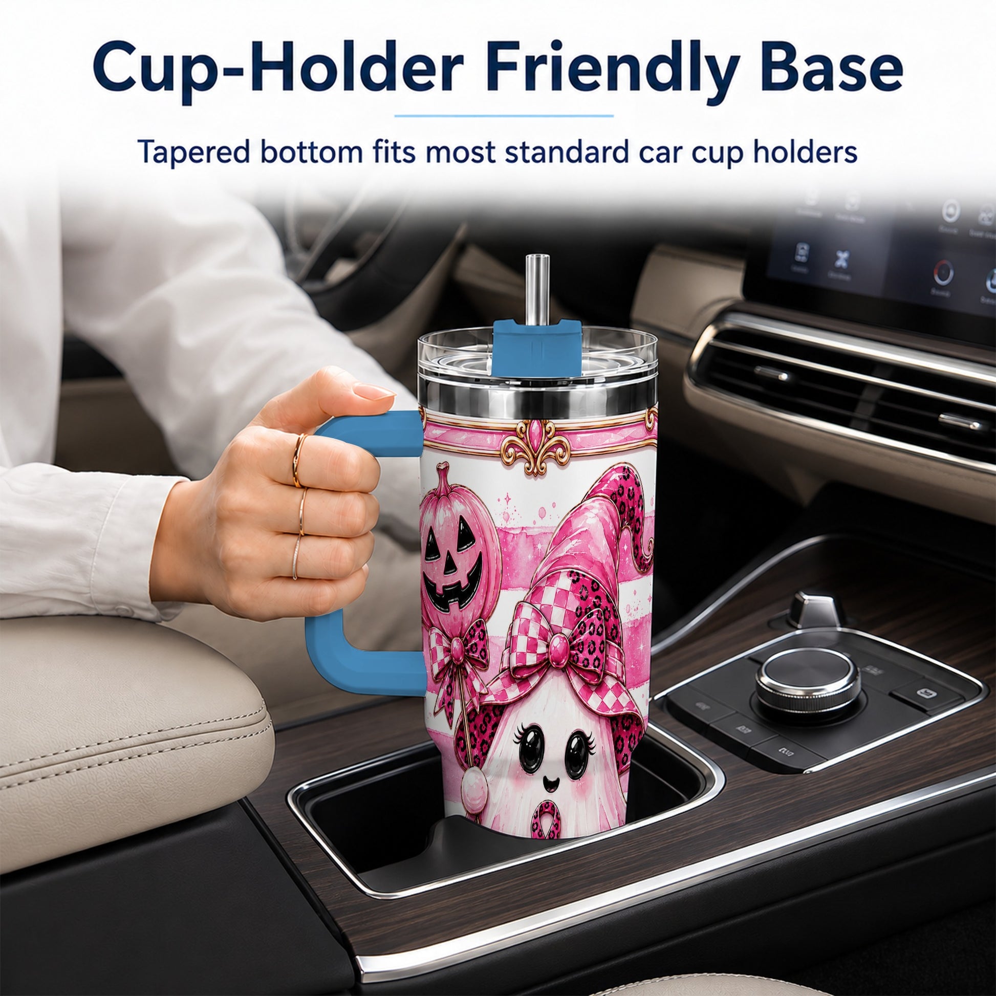 #pl[40oz|Blue] Pink Witch Ghost 40oz Tumbler with Handle, Halloween Travel Cup