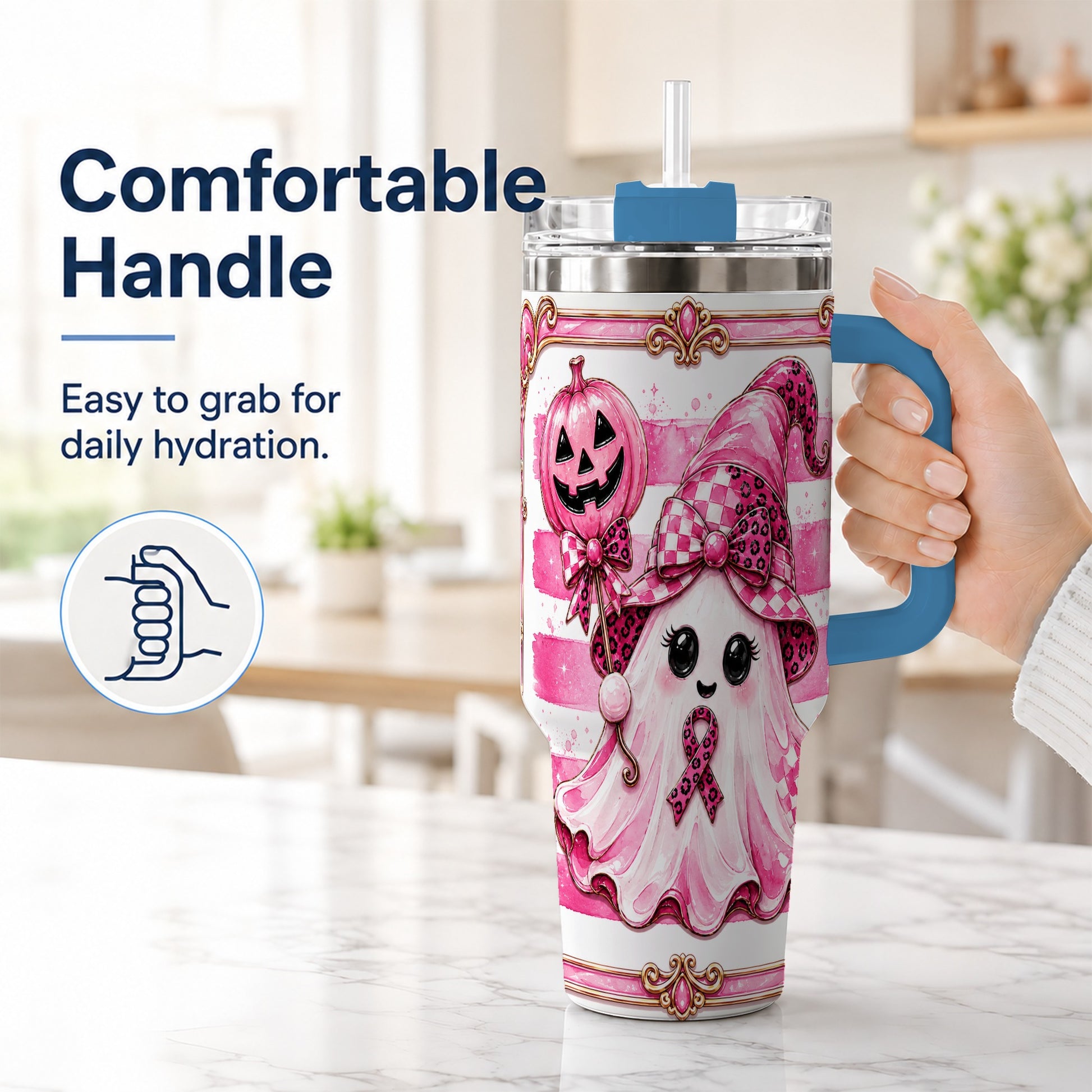 #pl[40oz|Blue] Pink Witch Ghost 40oz Tumbler with Handle, Halloween Travel Cup