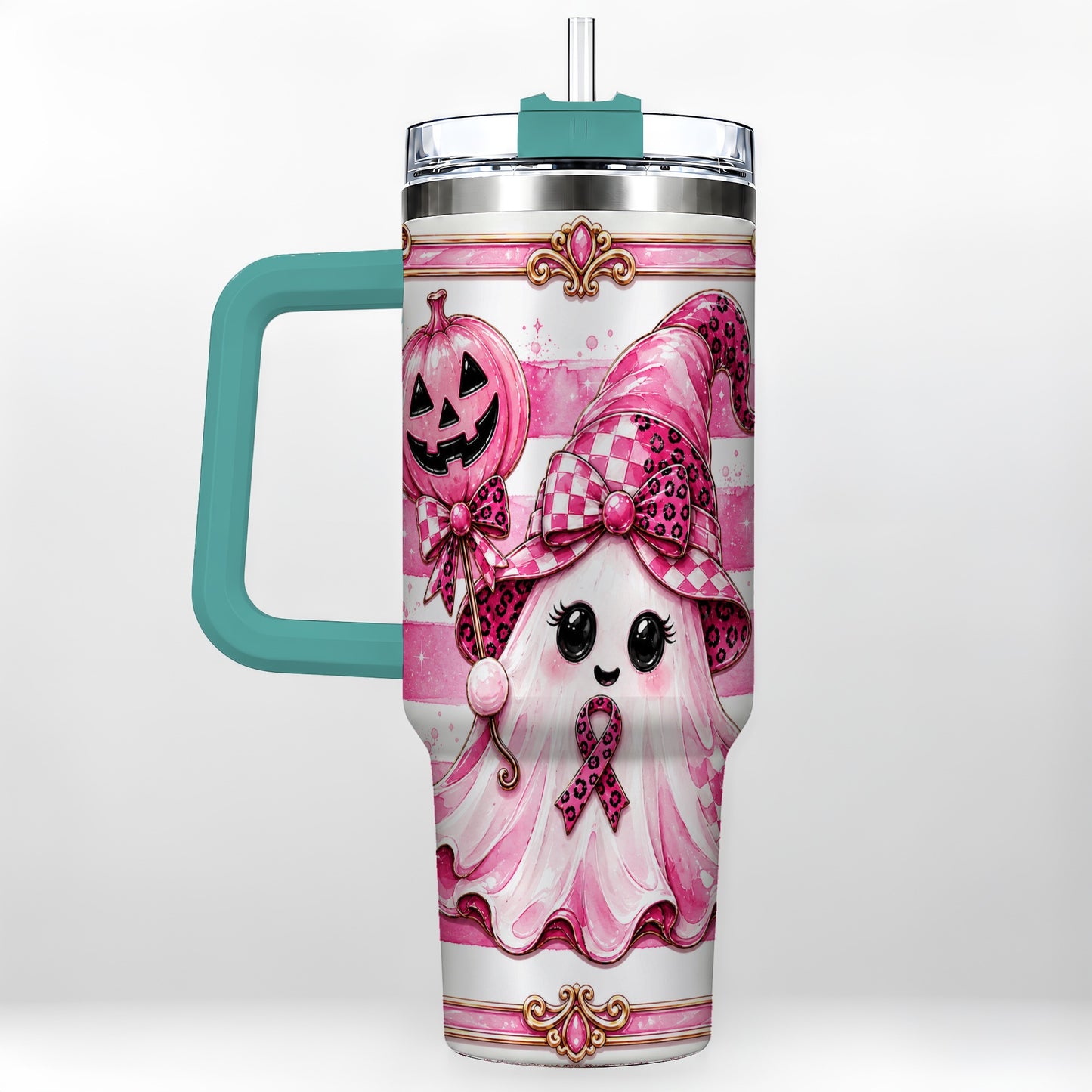 #pl[40oz|Green] Pink Witch Ghost 40oz Tumbler with Handle, Halloween Travel Cup