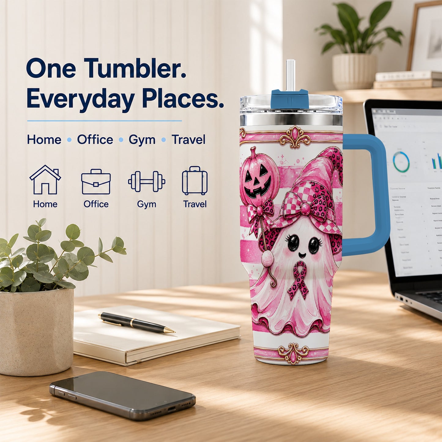 #pl[40oz|Blue] Pink Witch Ghost 40oz Tumbler with Handle, Halloween Travel Cup